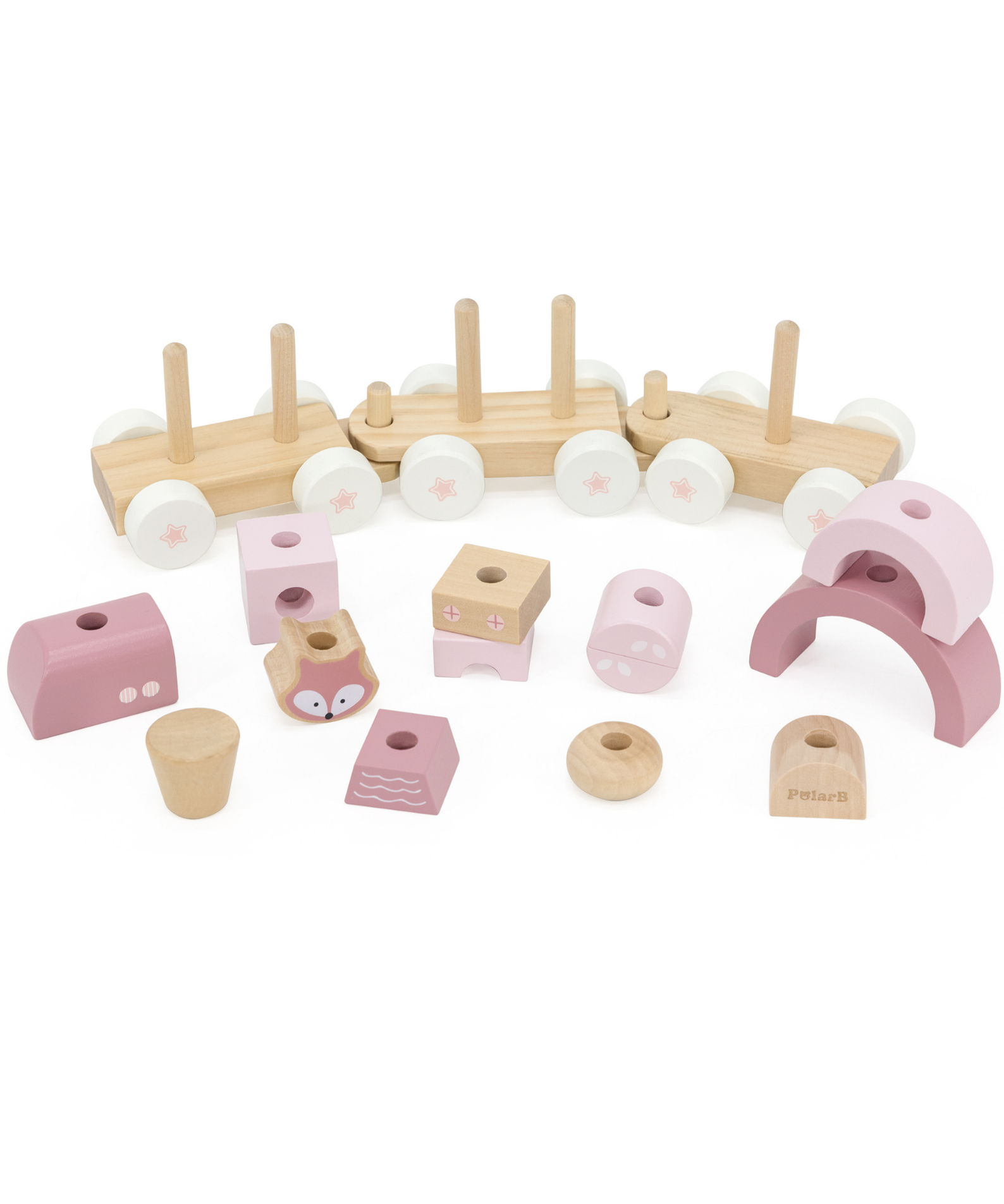 PolarB Stacking Train, 3-Carriage Wooden Toy with 14 Blocks, Fox Theme in Pastel Pink Suitable for Kids 18 Months+