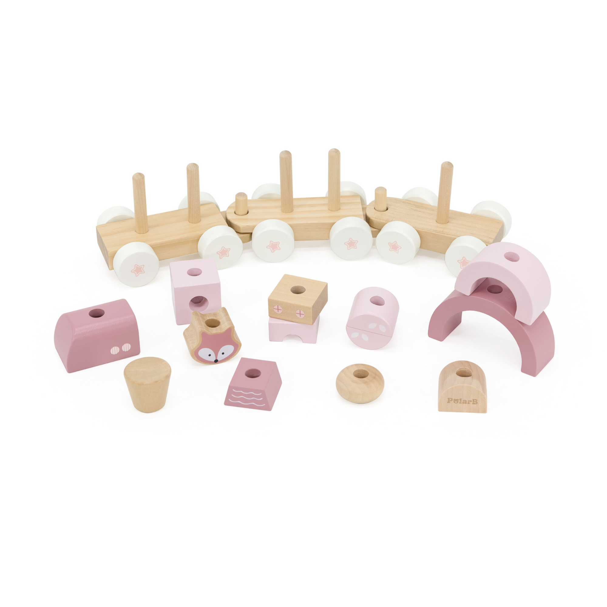 PolarB Stacking Train, 3-Carriage Wooden Toy with 14 Blocks, Fox Theme in Pastel Pink Suitable for Kids 18 Months+