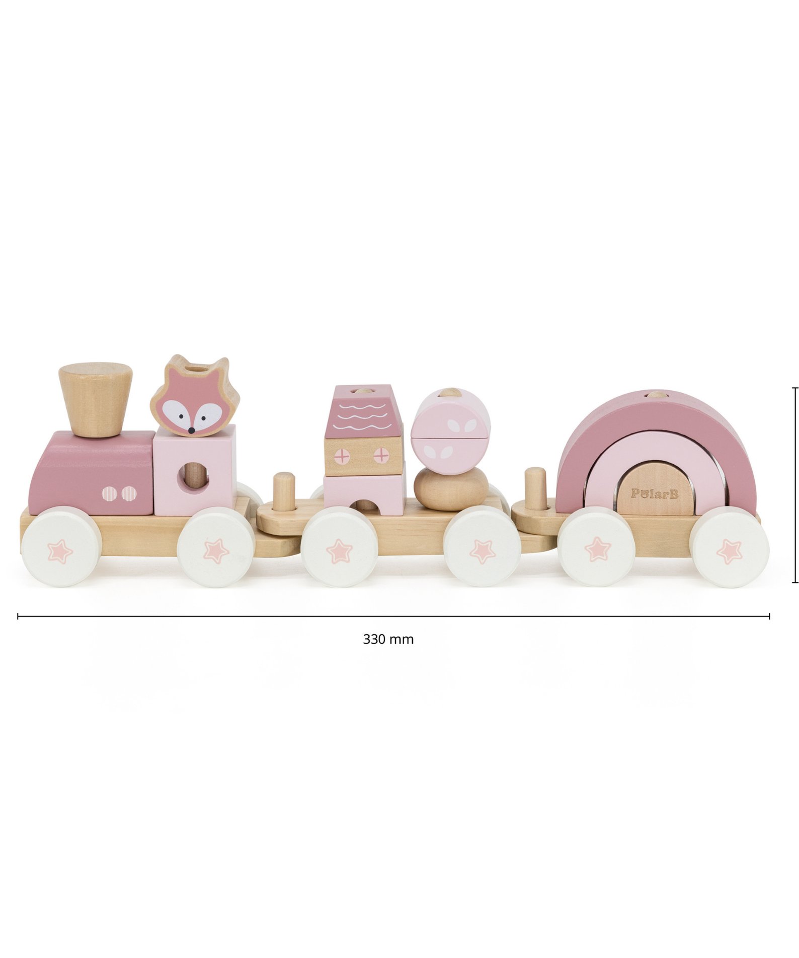 PolarB Stacking Train, 3-Carriage Wooden Toy with 14 Blocks, Fox Theme in Pastel Pink Suitable for Kids 18 Months+