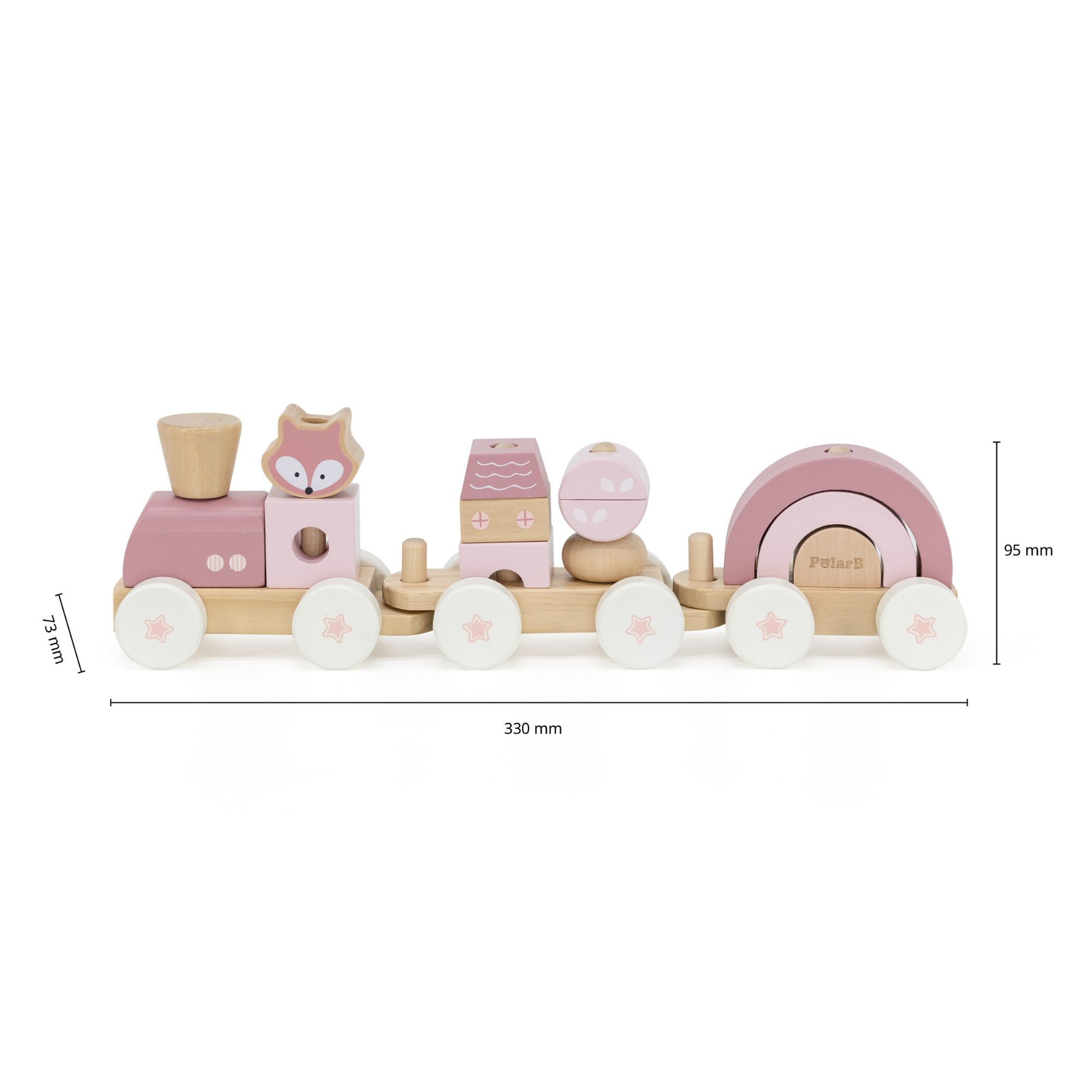 PolarB Stacking Train, 3-Carriage Wooden Toy with 14 Blocks, Fox Theme in Pastel Pink Suitable for Kids 18 Months+
