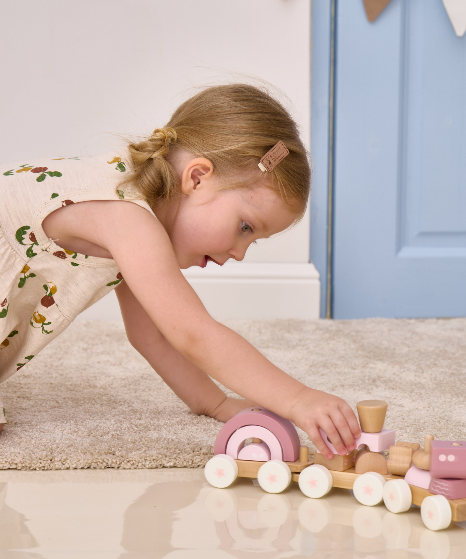 PolarB Stacking Train, 3-Carriage Wooden Toy with 14 Blocks, Fox Theme in Pastel Pink Suitable for Kids 18 Months+