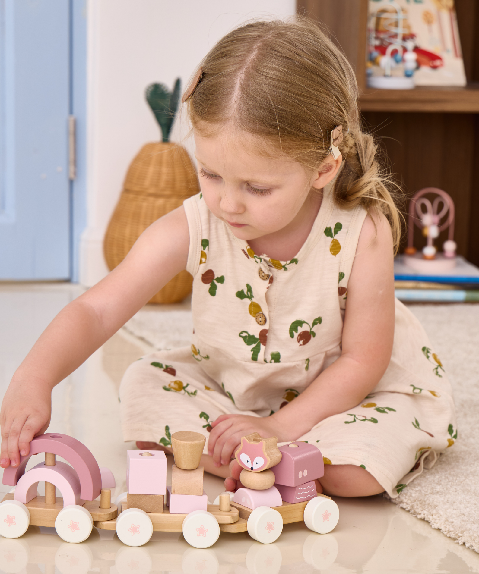 PolarB Stacking Train, 3-Carriage Wooden Toy with 14 Blocks, Fox Theme in Pastel Pink Suitable for Kids 18 Months+