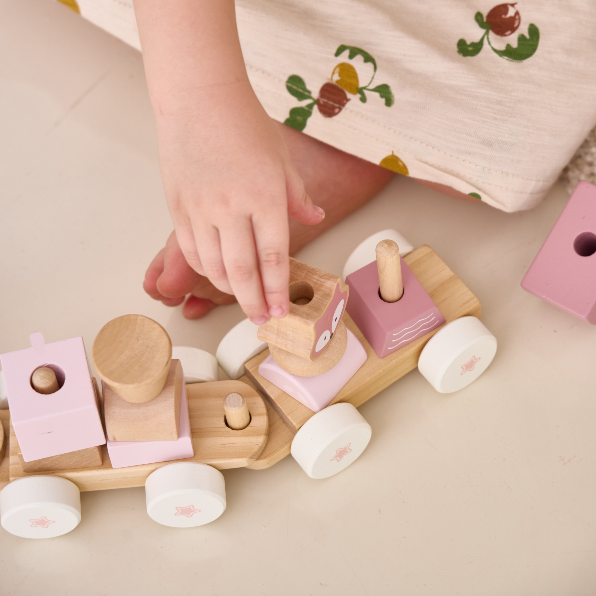 PolarB Stacking Train, 3-Carriage Wooden Toy with 14 Blocks, Fox Theme in Pastel Pink Suitable for Kids 18 Months+