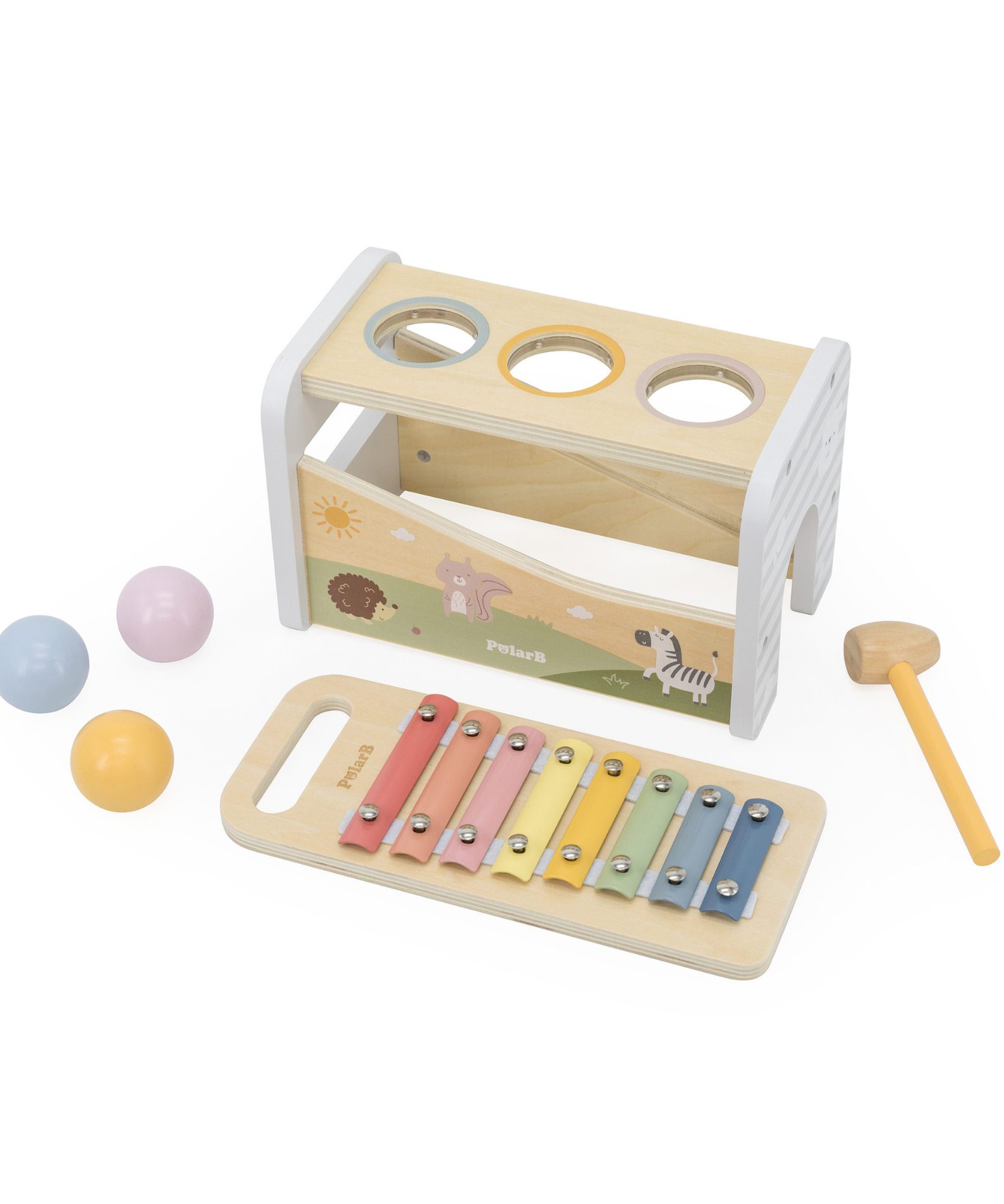 PolarB 2-in-1 Wooden Pounding Bench and Xylophone Musical Toy for Toddlers - Montessori-Inspired Sensory Toy for Ages 18 Months and Up