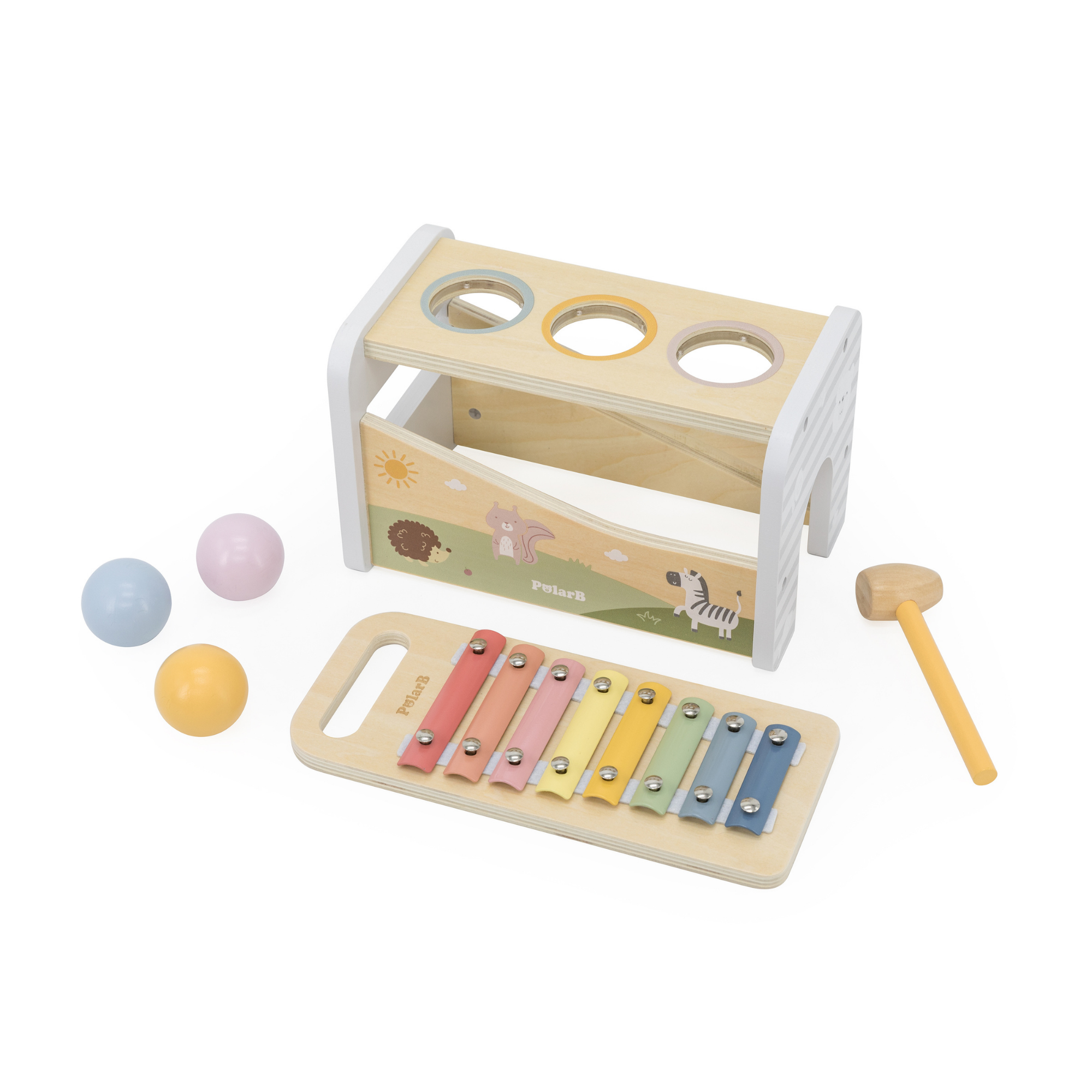 PolarB 2-in-1 Wooden Pounding Bench and Xylophone Musical Toy for Toddlers - Montessori-Inspired Sensory Toy for Ages 18 Months and Up