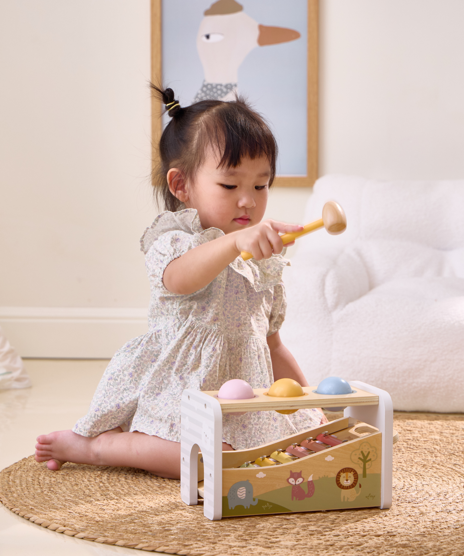 PolarB 2-in-1 Wooden Pounding Bench and Xylophone Musical Toy for Toddlers - Montessori-Inspired Sensory Toy for Ages 18 Months and Up