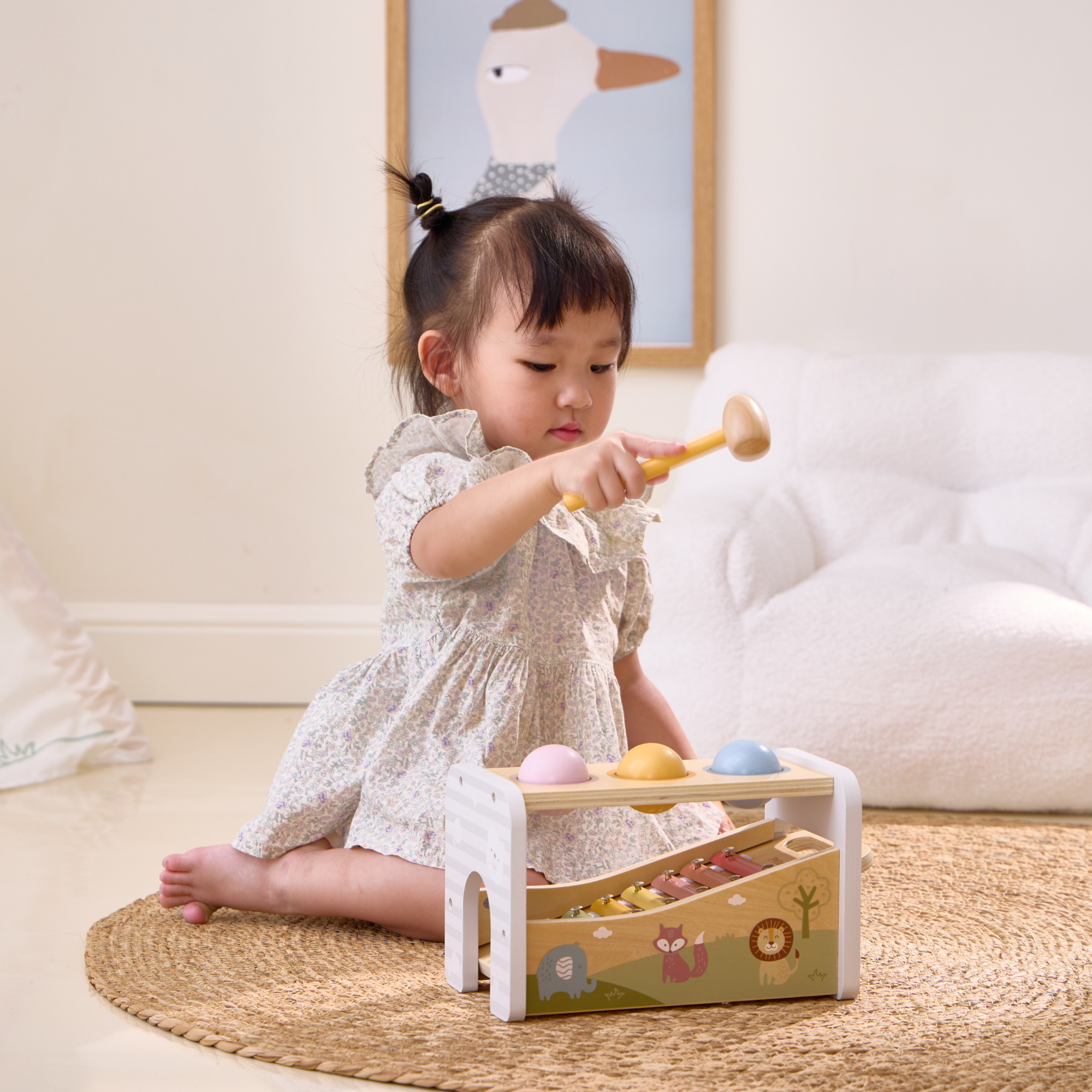 PolarB 2-in-1 Wooden Pounding Bench and Xylophone Musical Toy for Toddlers - Montessori-Inspired Sensory Toy for Ages 18 Months and Up