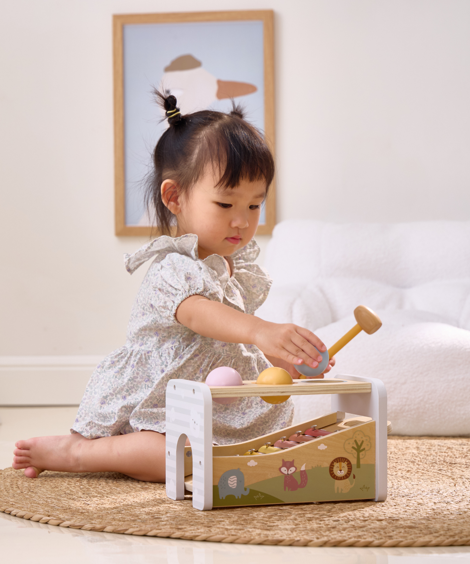 PolarB 2-in-1 Wooden Pounding Bench and Xylophone Musical Toy for Toddlers - Montessori-Inspired Sensory Toy for Ages 18 Months and Up