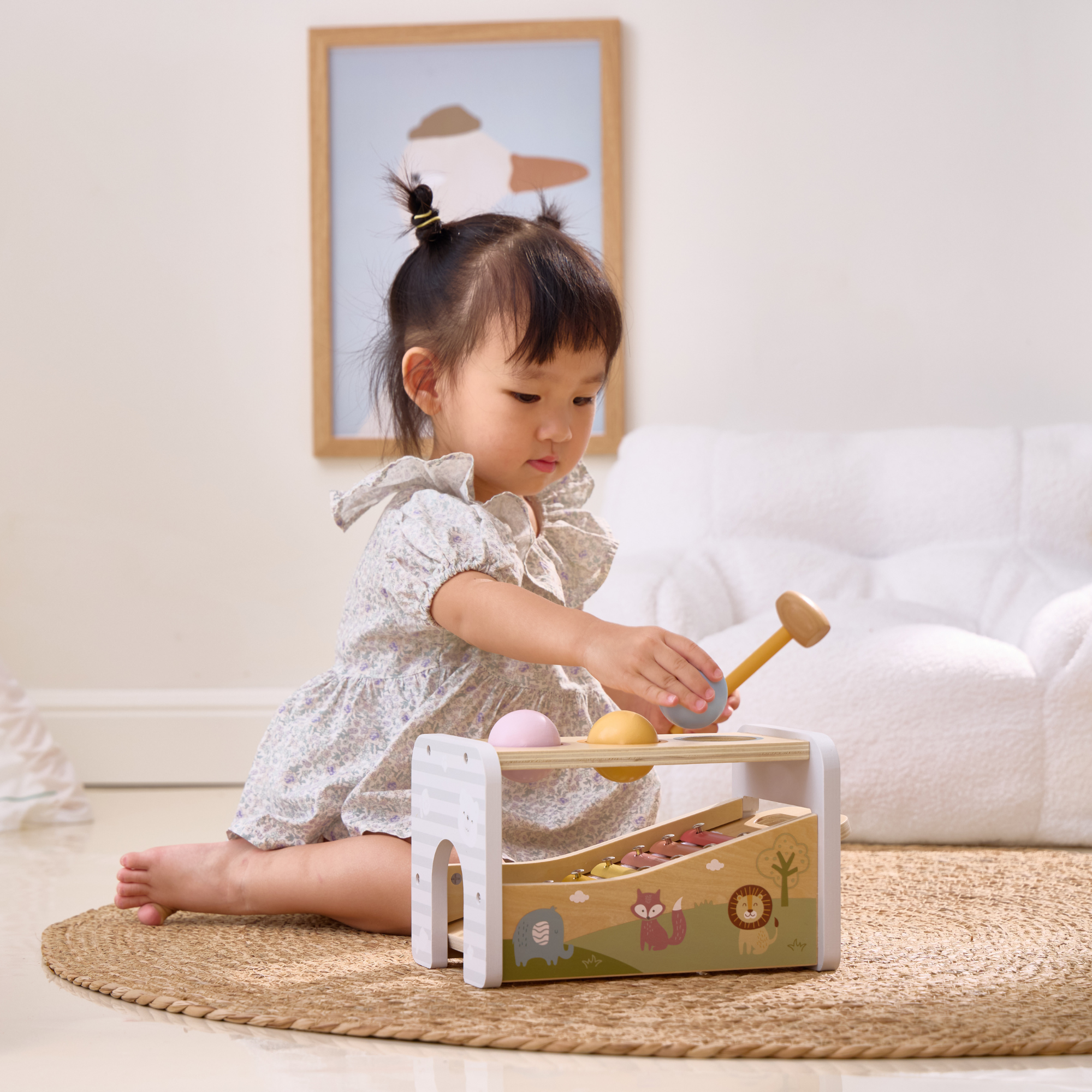 PolarB 2-in-1 Wooden Pounding Bench and Xylophone Musical Toy for Toddlers - Montessori-Inspired Sensory Toy for Ages 18 Months and Up