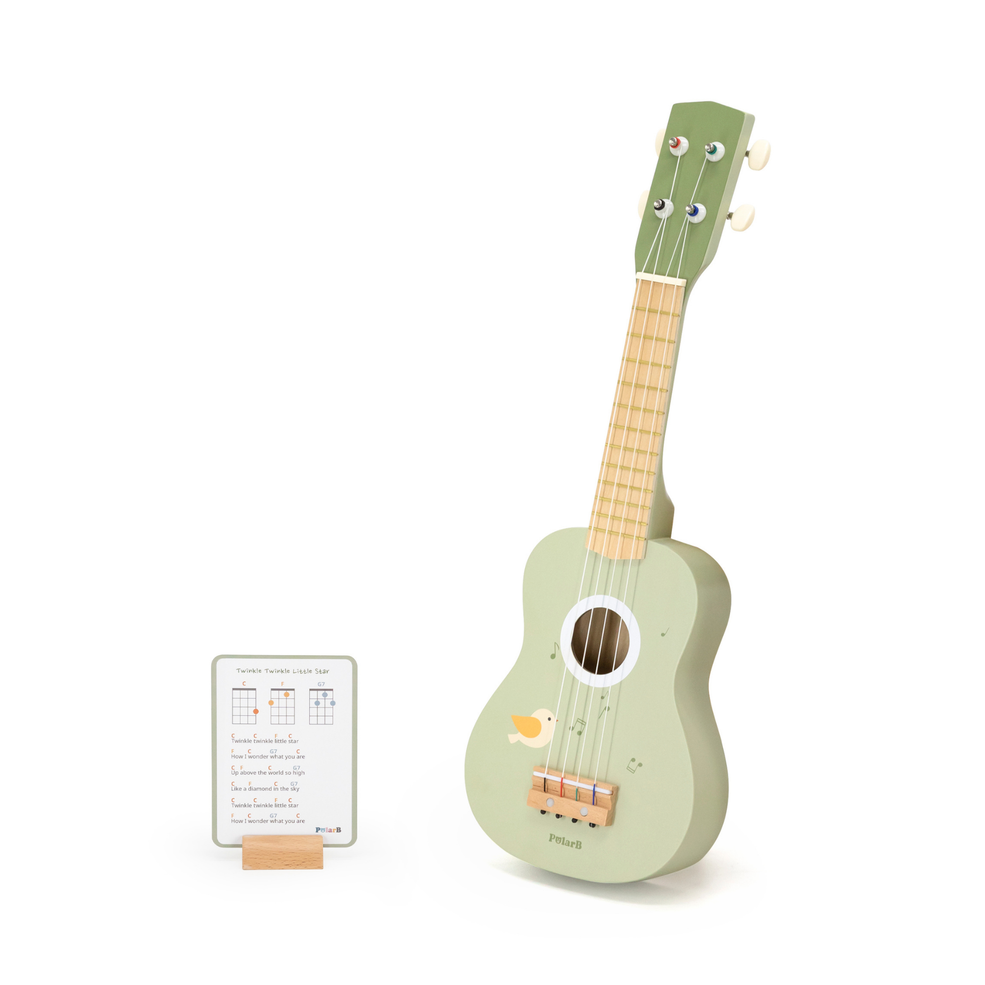 PolarB Wooden Ukulele for Kids, Green Toy Instrument with Sheet Music, Musical Learning Toy for Toddlers Ages 3 and Up
