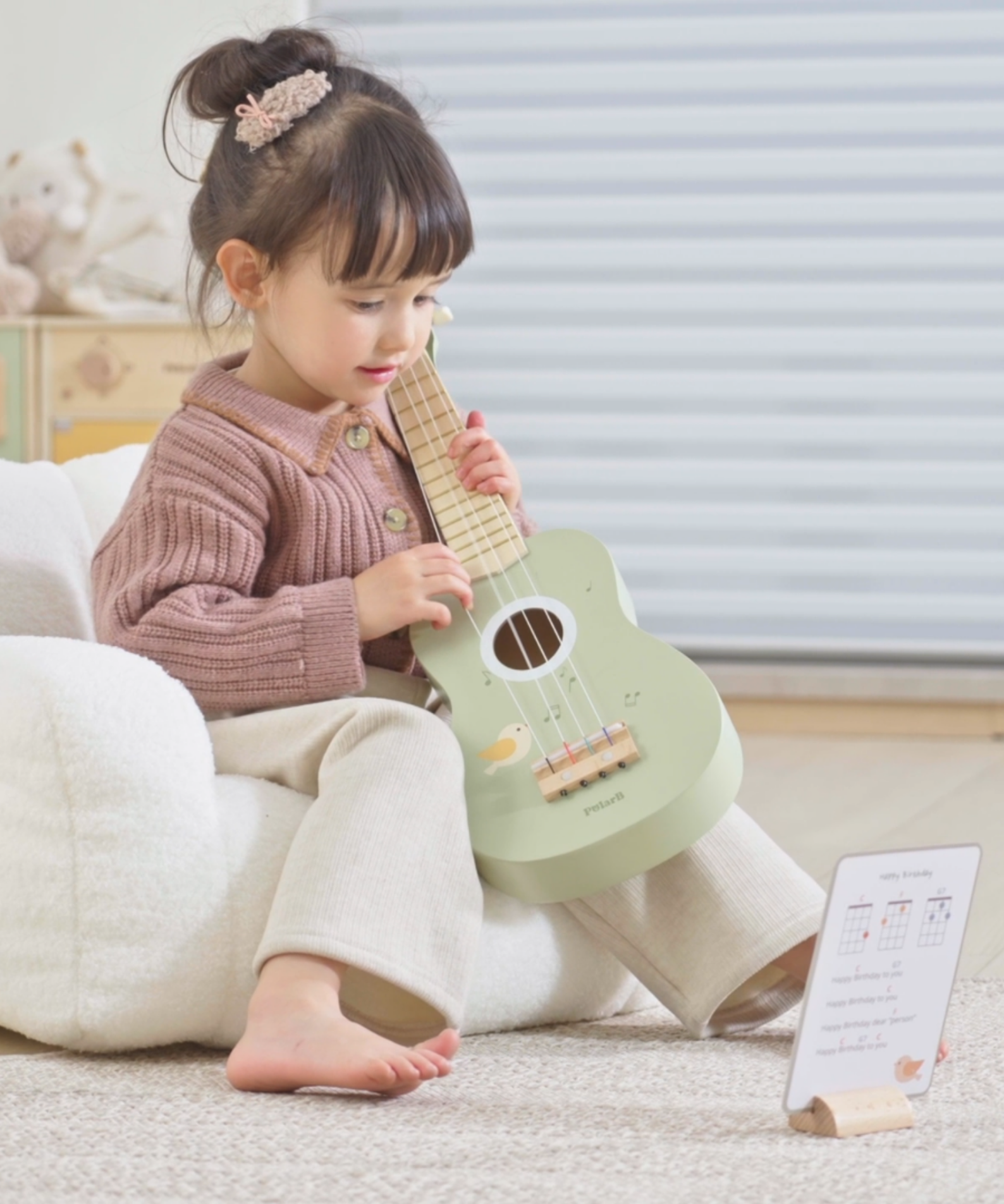 PolarB Wooden Ukulele for Kids, Green Toy Instrument with Sheet Music, Musical Learning Toy for Toddlers Ages 3 and Up