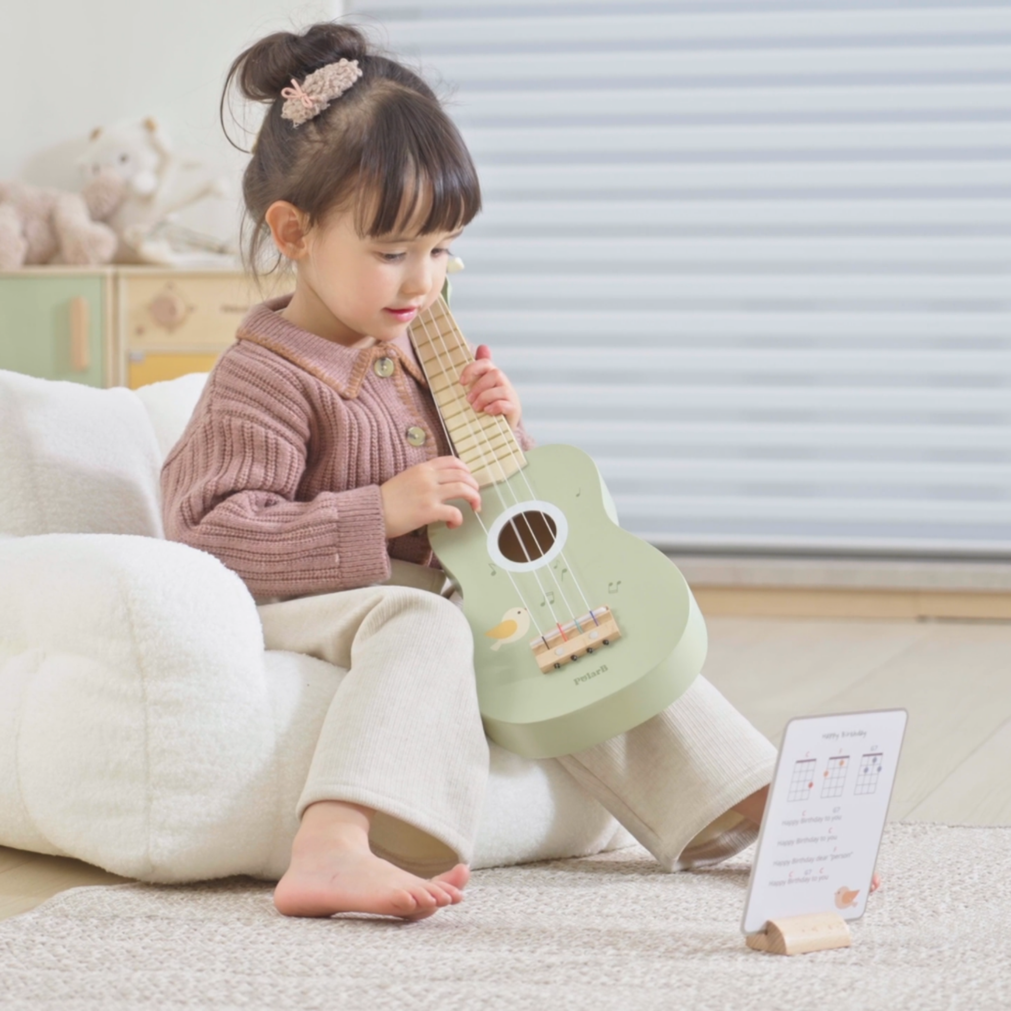 PolarB Wooden Ukulele for Kids, Green Toy Instrument with Sheet Music, Musical Learning Toy for Toddlers Ages 3 and Up