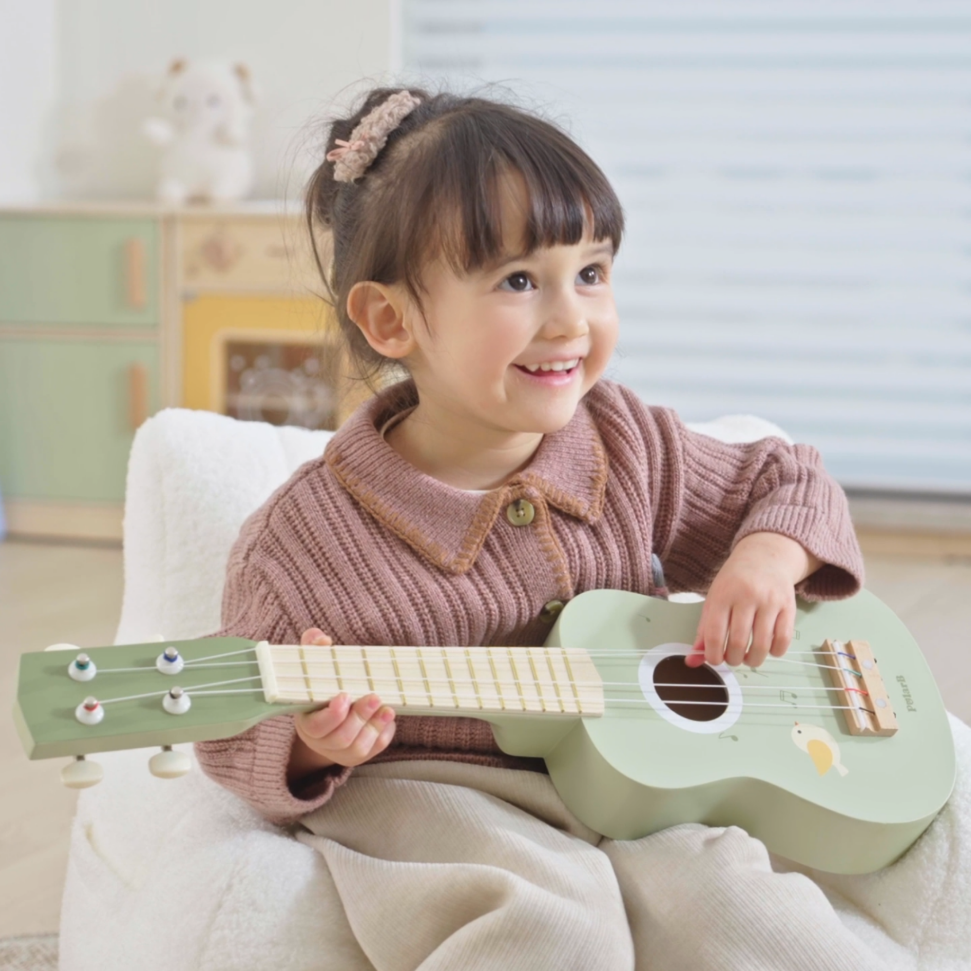 PolarB Wooden Ukulele for Kids, Green Toy Instrument with Sheet Music, Musical Learning Toy for Toddlers Ages 3 and Up