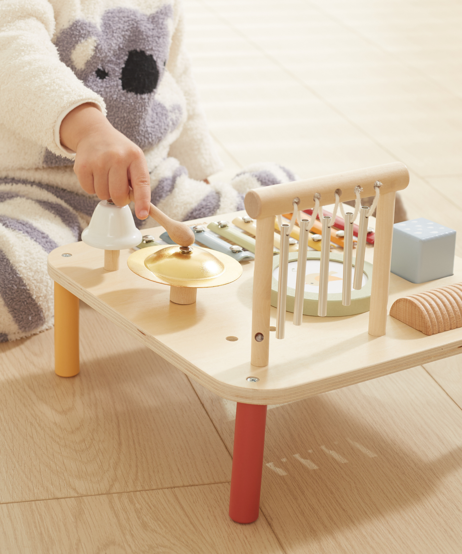 PolarB Wooden Musical Activity Table for Toddlers, Multi-Instrument Music Toy Includes Xylophone, Drum, Gong, Bell and More, for Ages 18 Months and Up