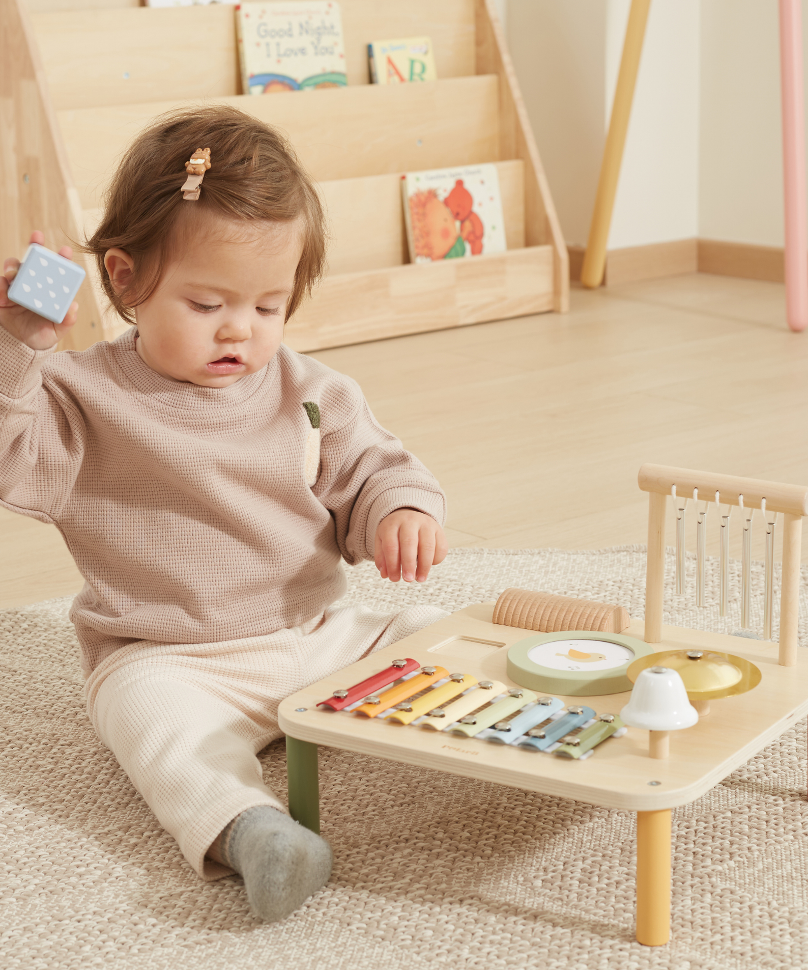 PolarB Wooden Musical Activity Table for Toddlers, Multi-Instrument Music Toy Includes Xylophone, Drum, Gong, Bell and More, for Ages 18 Months and Up