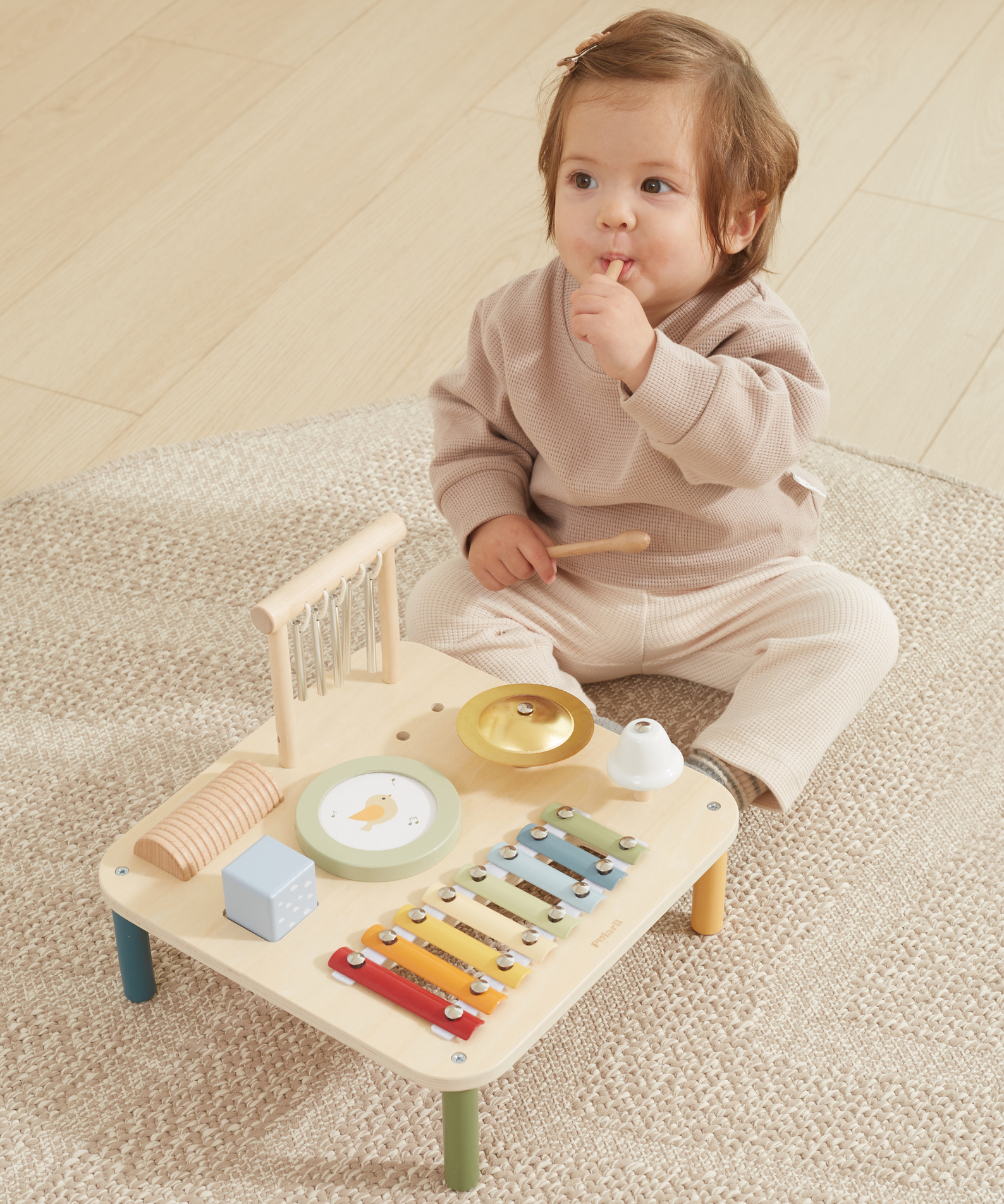 PolarB Wooden Musical Activity Table for Toddlers, Multi-Instrument Music Toy Includes Xylophone, Drum, Gong, Bell and More, for Ages 18 Months and Up
