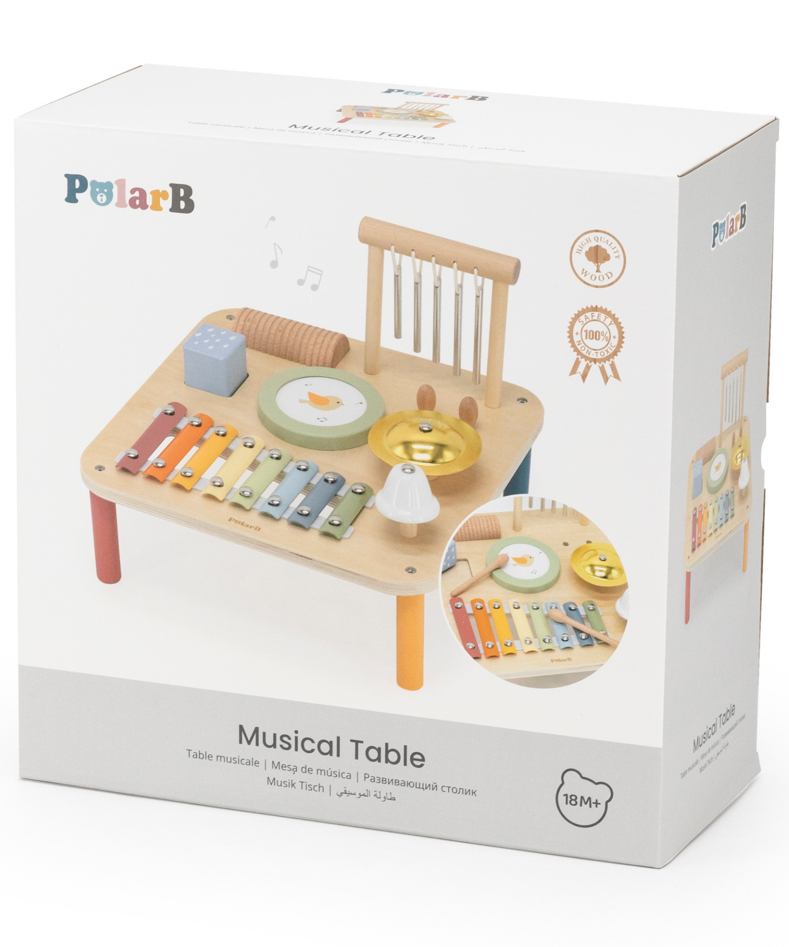 PolarB Wooden Musical Activity Table for Toddlers, Multi-Instrument Music Toy Includes Xylophone, Drum, Gong, Bell and More, for Ages 18 Months and Up