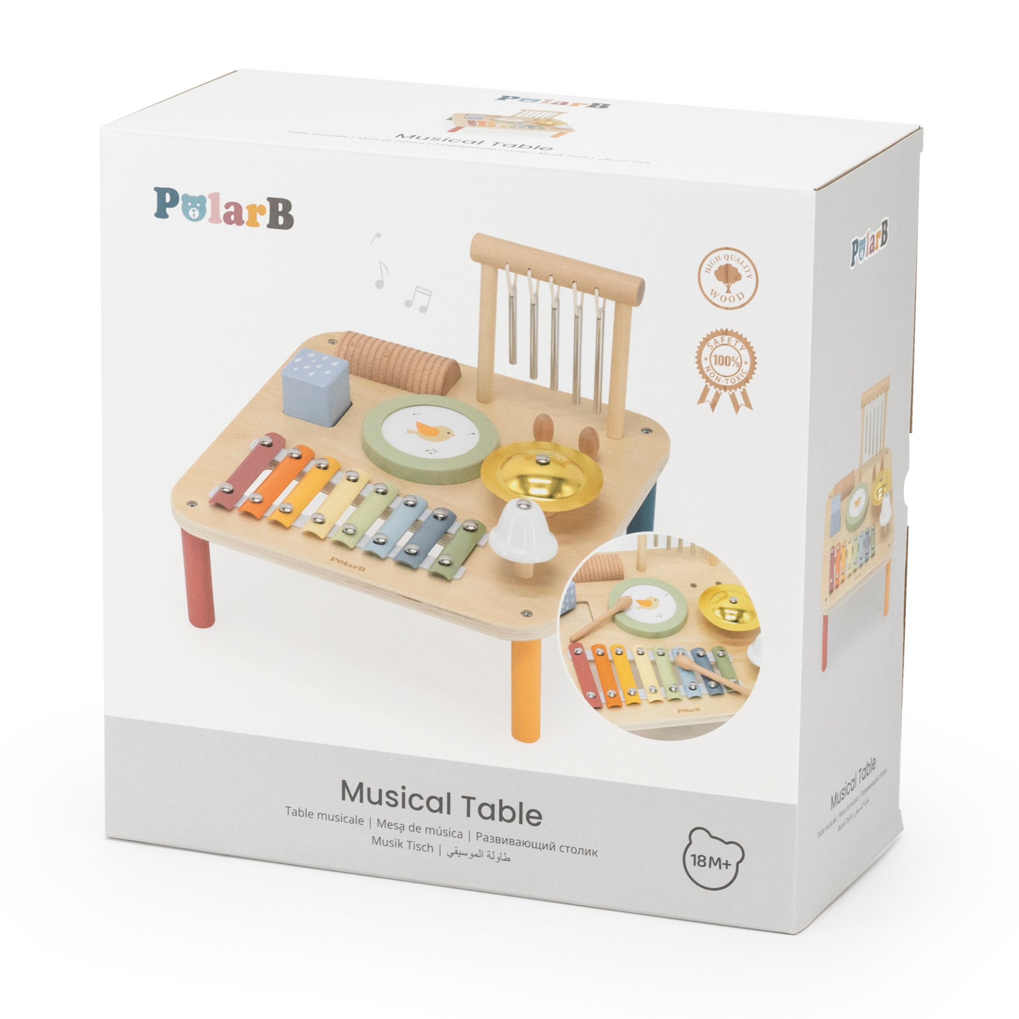 PolarB Wooden Musical Activity Table for Toddlers, Multi-Instrument Music Toy Includes Xylophone, Drum, Gong, Bell and More, for Ages 18 Months and Up