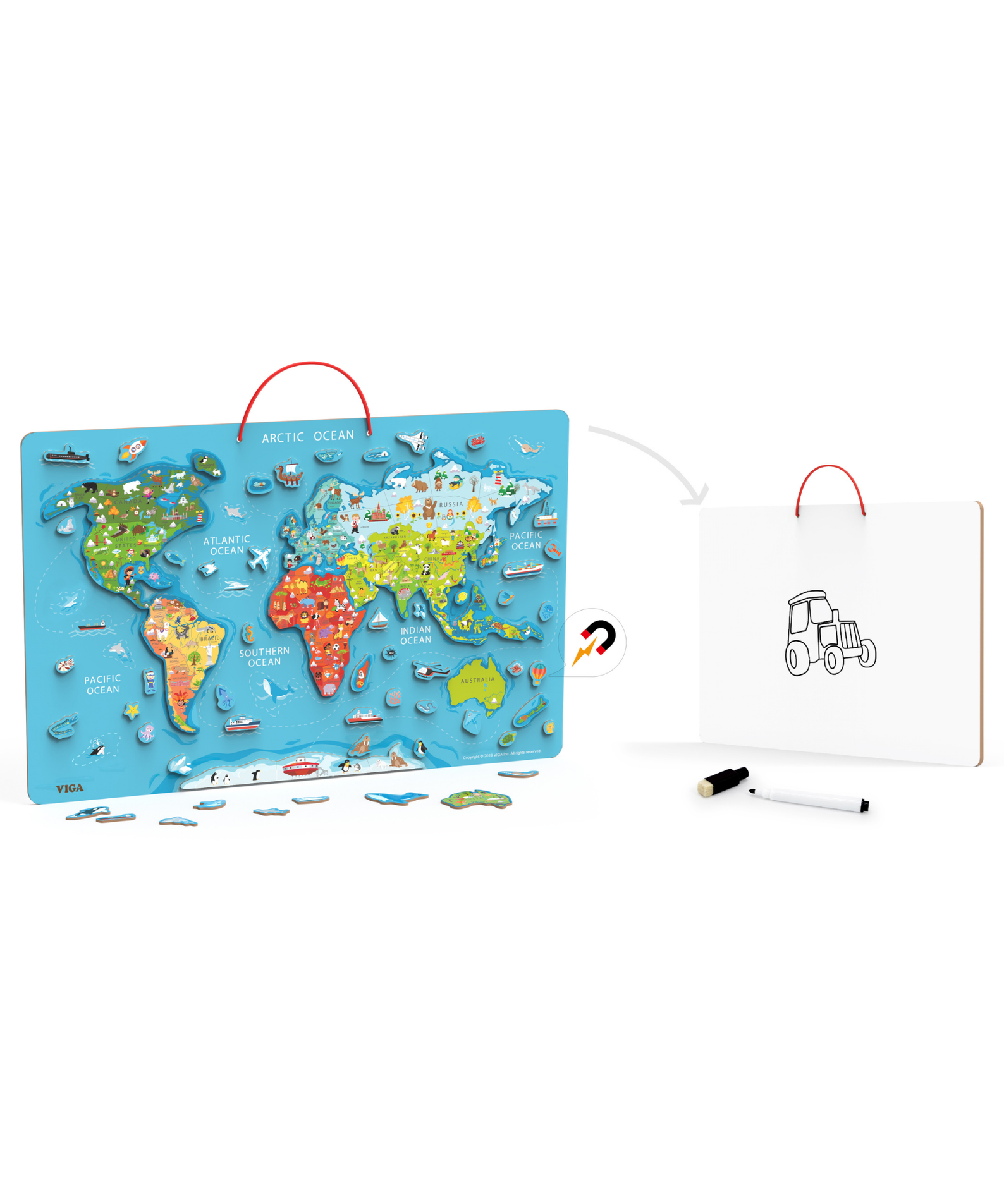 Viga Dry Erase Board with,   Magnetic World Puzzle, Montessori Wooden Toy, Develops Sensory, Cognitive & Fine Motor Skills, Non-Toxic & Eco-friendly Kids Educational Toy, Suitable for Children 3Y+