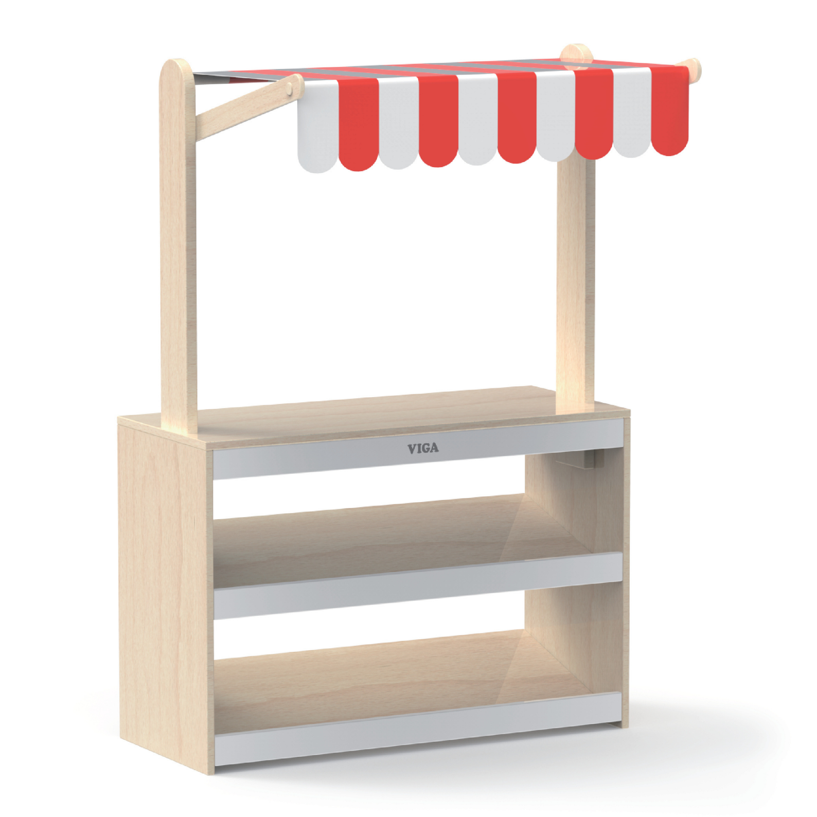 VIGA Wooden Supermarket Stall  Vegetable and Fruit Display Stand with Shelves  Pretend Play Market Role Play Toy  Ages 3 and Up