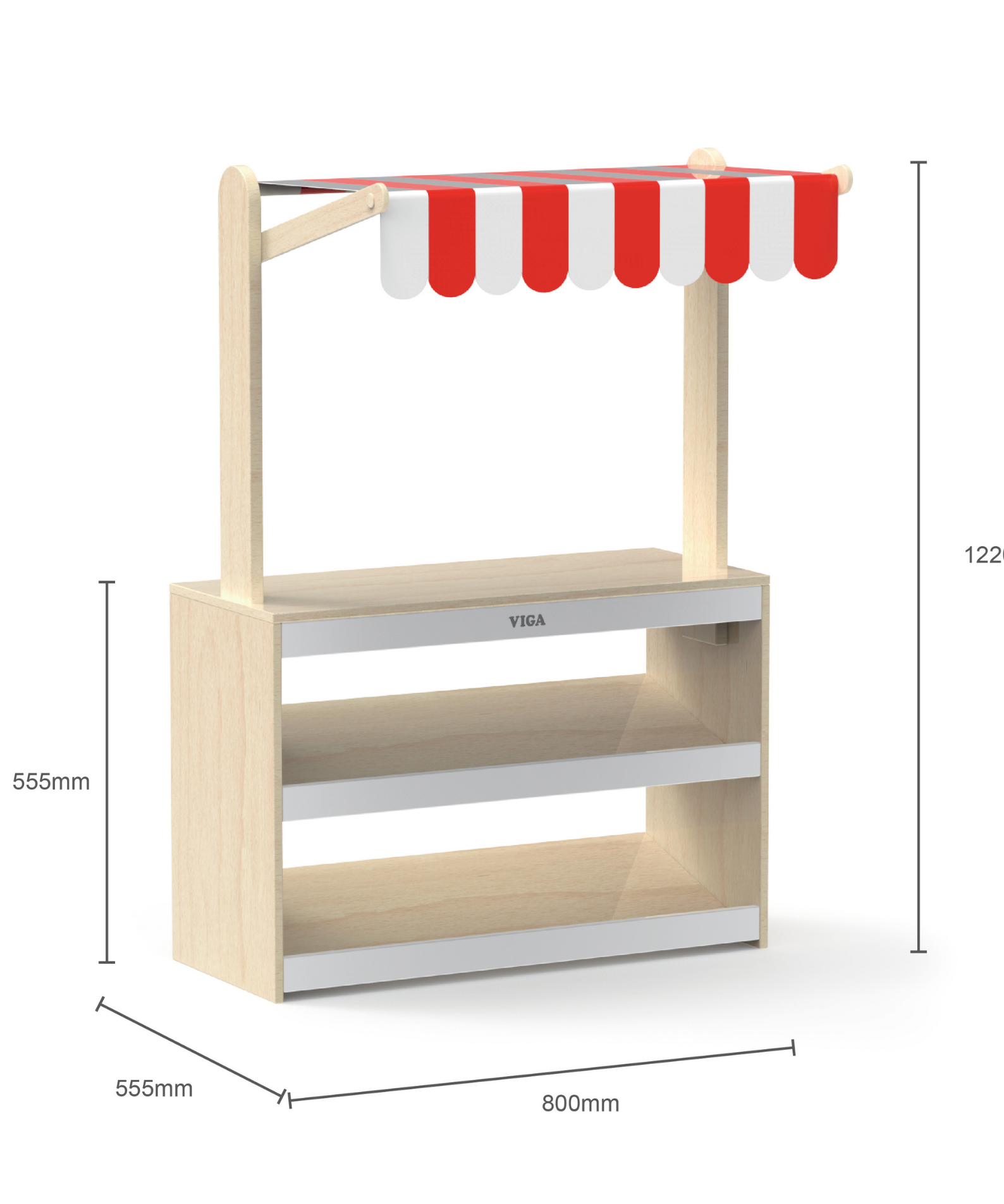 VIGA Wooden Supermarket Stall  Vegetable and Fruit Display Stand with Shelves  Pretend Play Market Role Play Toy  Ages 3 and Up