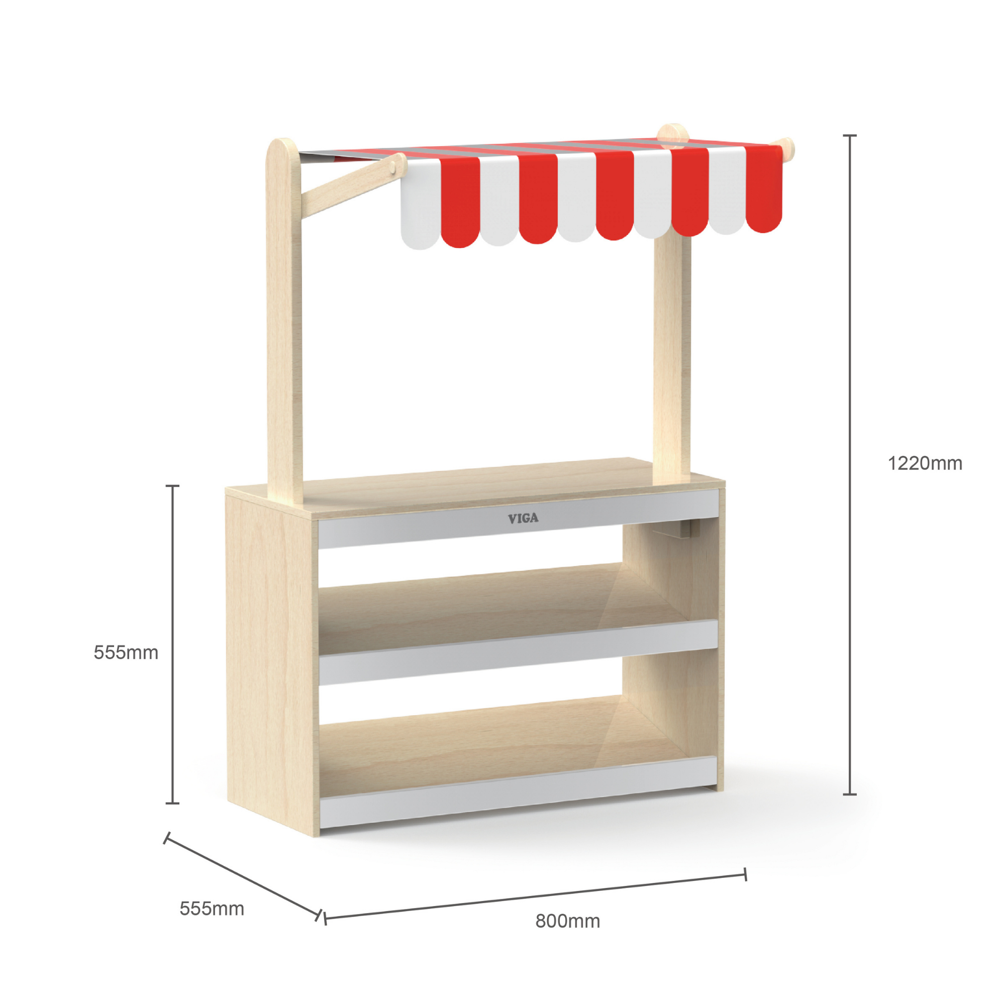 VIGA Wooden Supermarket Stall  Vegetable and Fruit Display Stand with Shelves  Pretend Play Market Role Play Toy  Ages 3 and Up