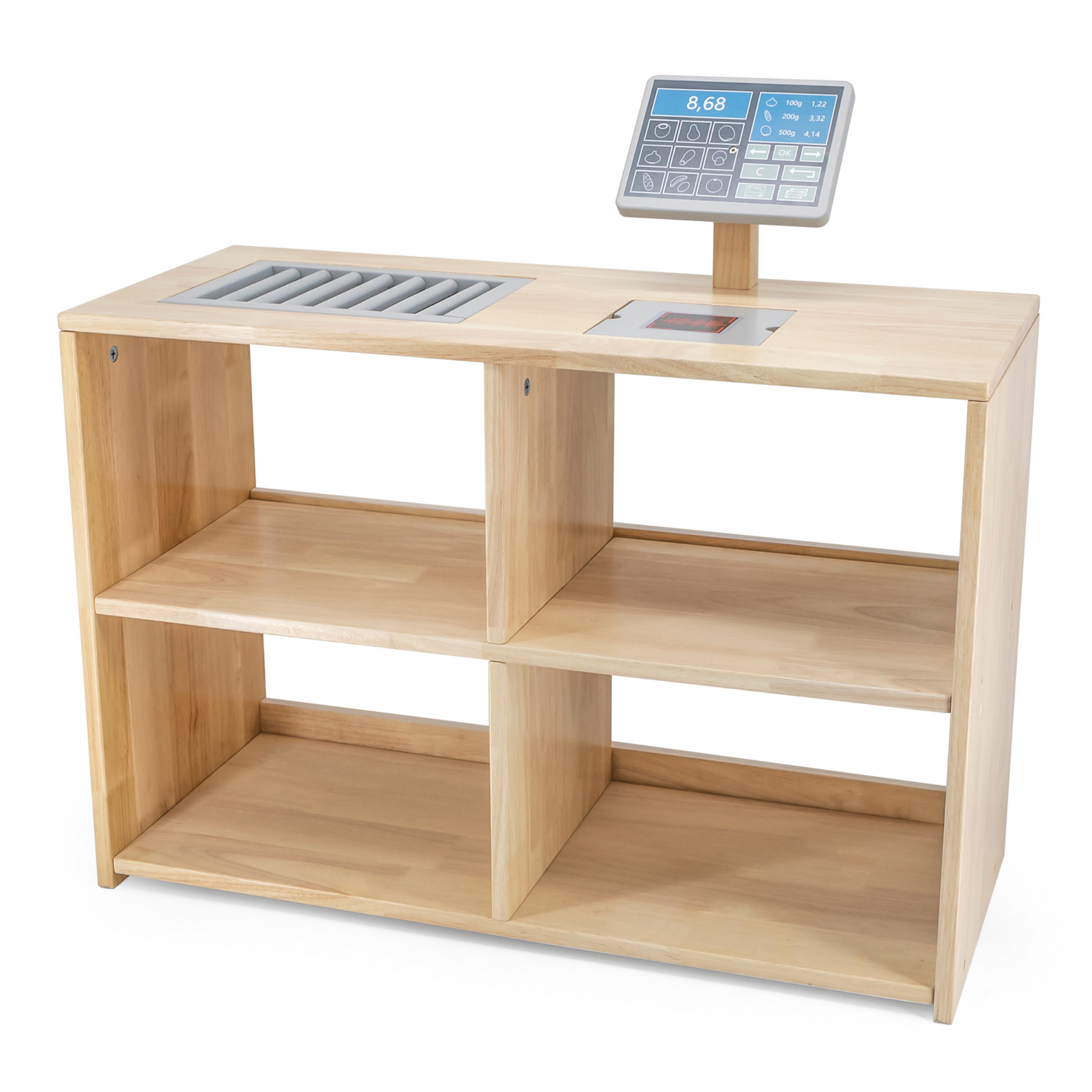 VIGA Wooden Supermarket Stall  Food Display Stand with Cash Register and Scanner  Pretend Play Market Role Play Toy  Ages 3 and Up