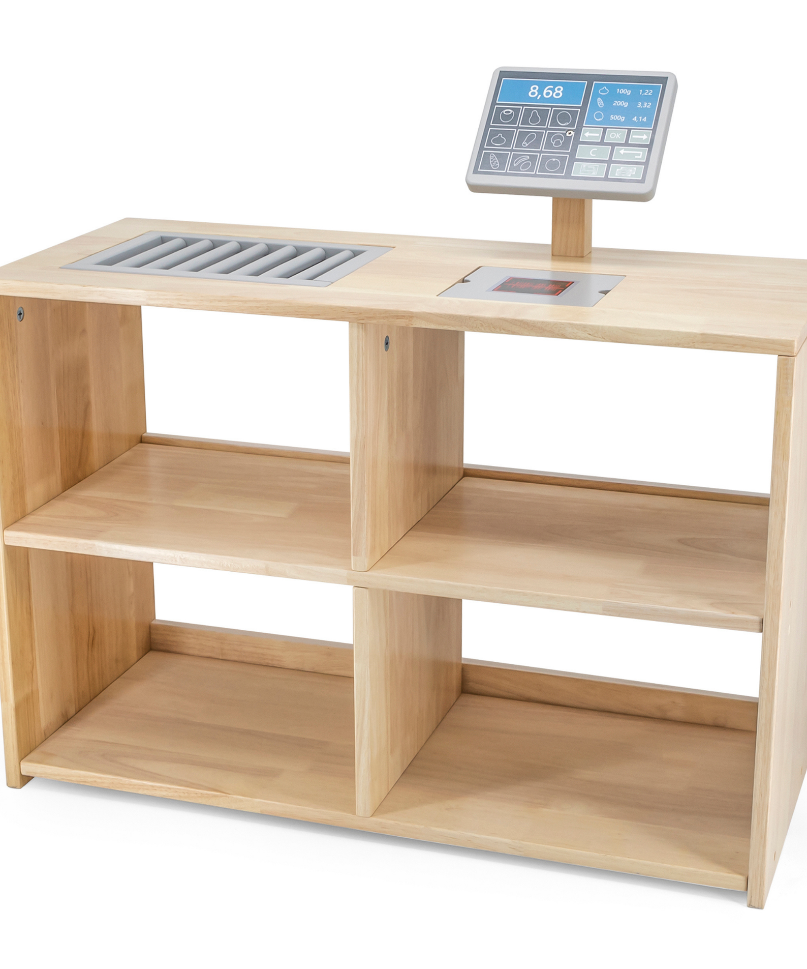 VIGA Wooden Supermarket Stall  Food Display Stand with Cash Register and Scanner  Pretend Play Market Role Play Toy  Ages 3 and Up