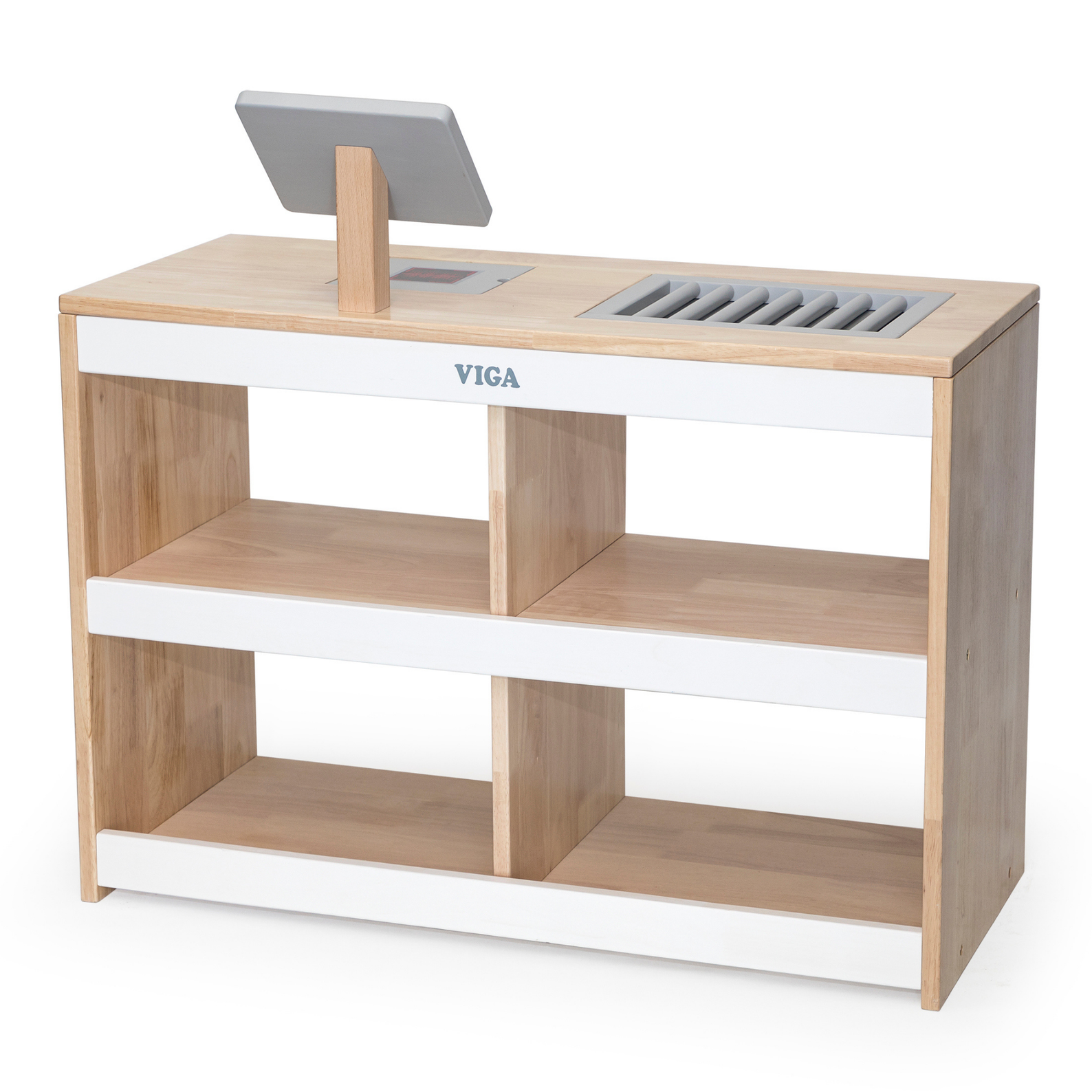 VIGA Wooden Supermarket Stall  Food Display Stand with Cash Register and Scanner  Pretend Play Market Role Play Toy  Ages 3 and Up