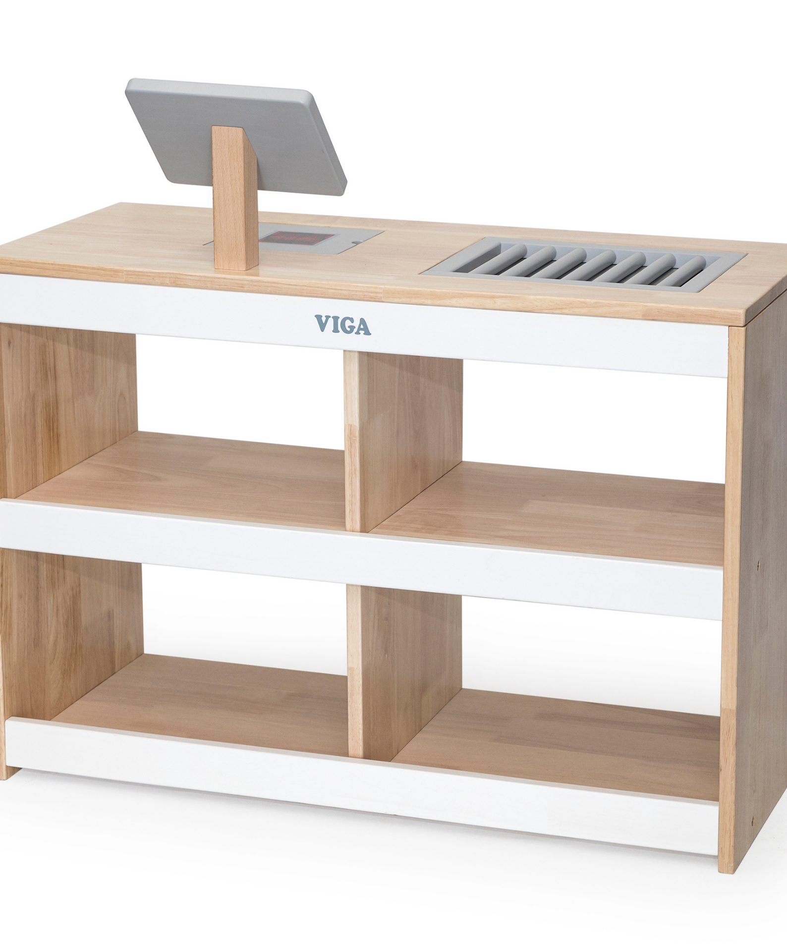 VIGA Wooden Supermarket Stall  Food Display Stand with Cash Register and Scanner  Pretend Play Market Role Play Toy  Ages 3 and Up