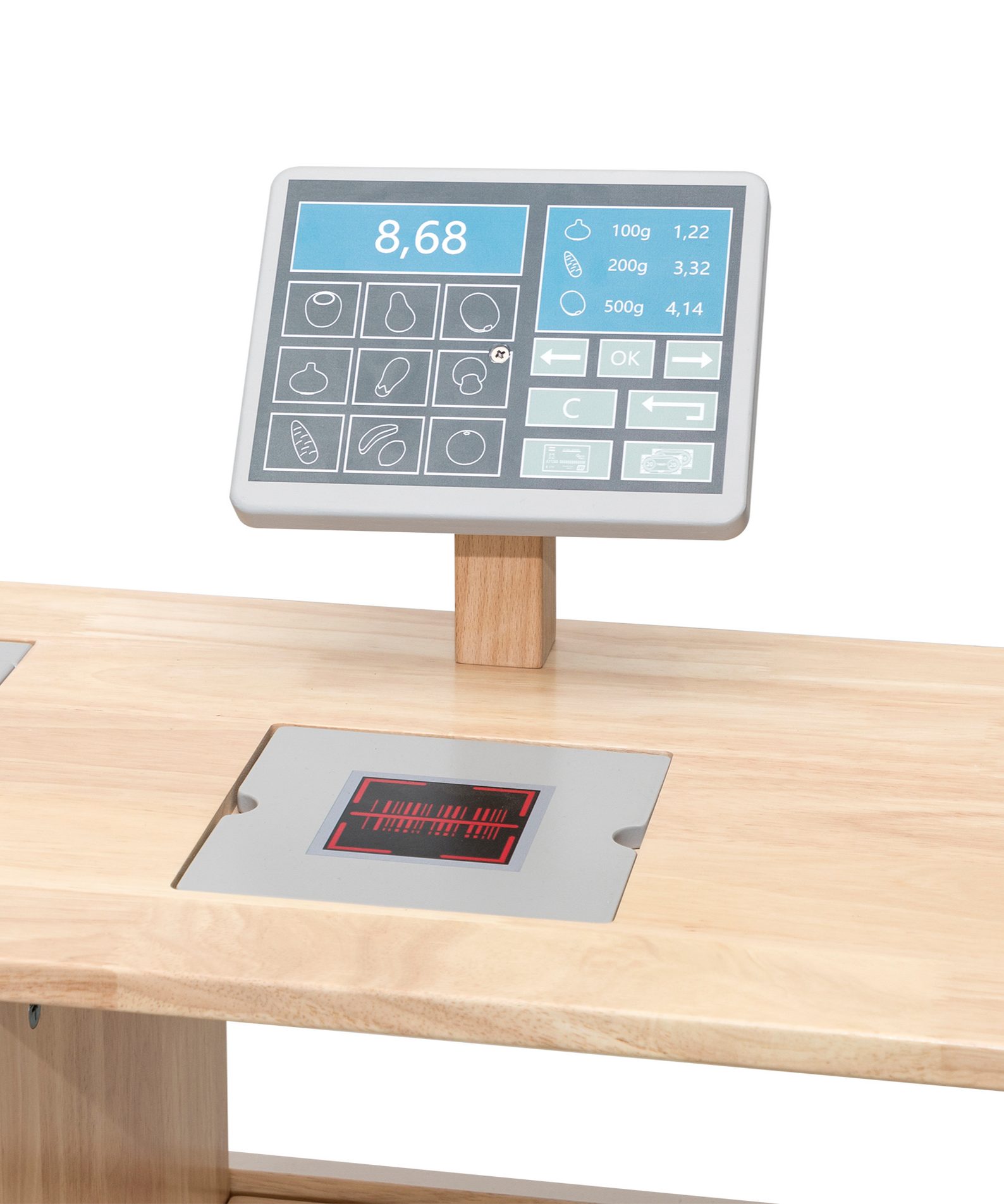 VIGA Wooden Supermarket Stall  Food Display Stand with Cash Register and Scanner  Pretend Play Market Role Play Toy  Ages 3 and Up