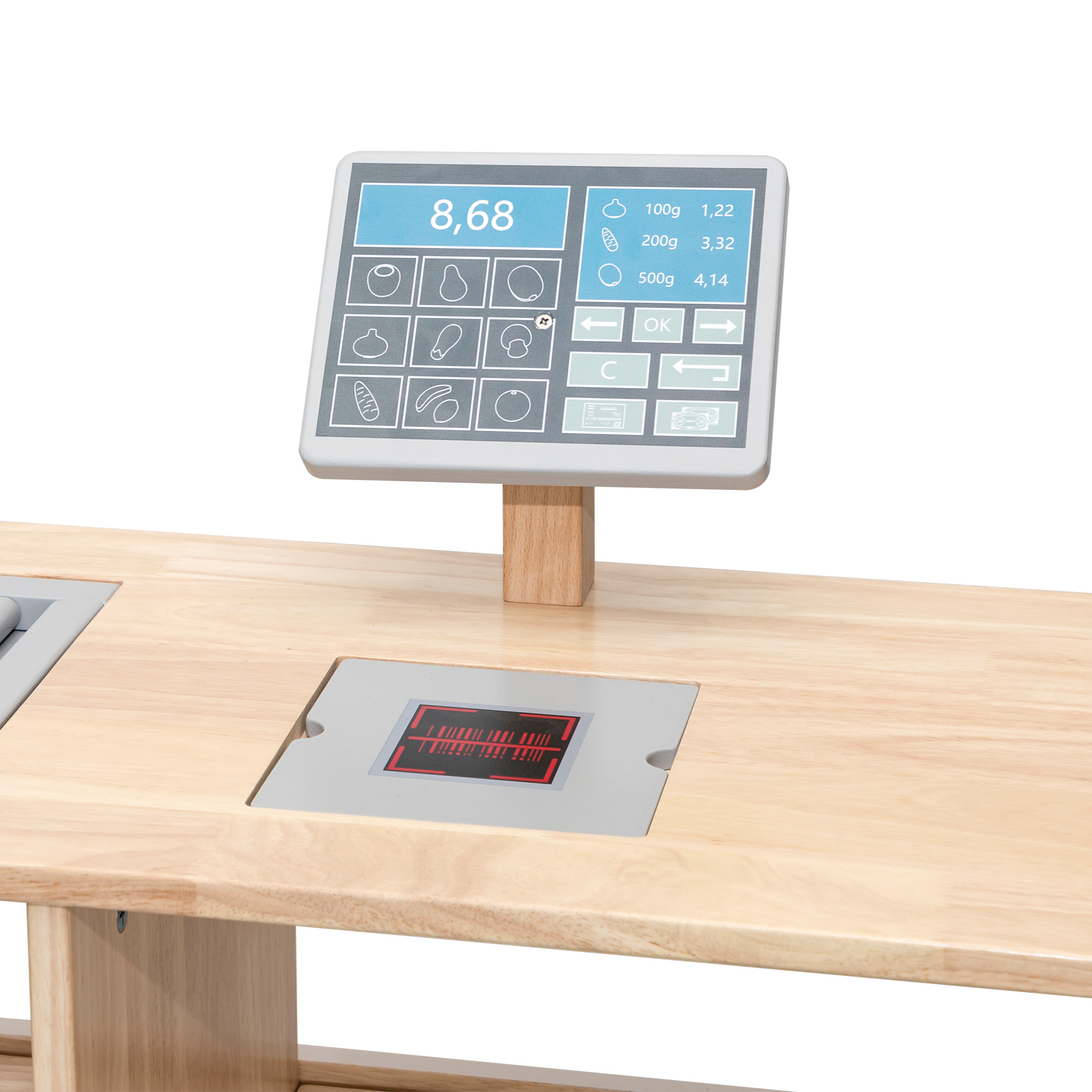 VIGA Wooden Supermarket Stall  Food Display Stand with Cash Register and Scanner  Pretend Play Market Role Play Toy  Ages 3 and Up