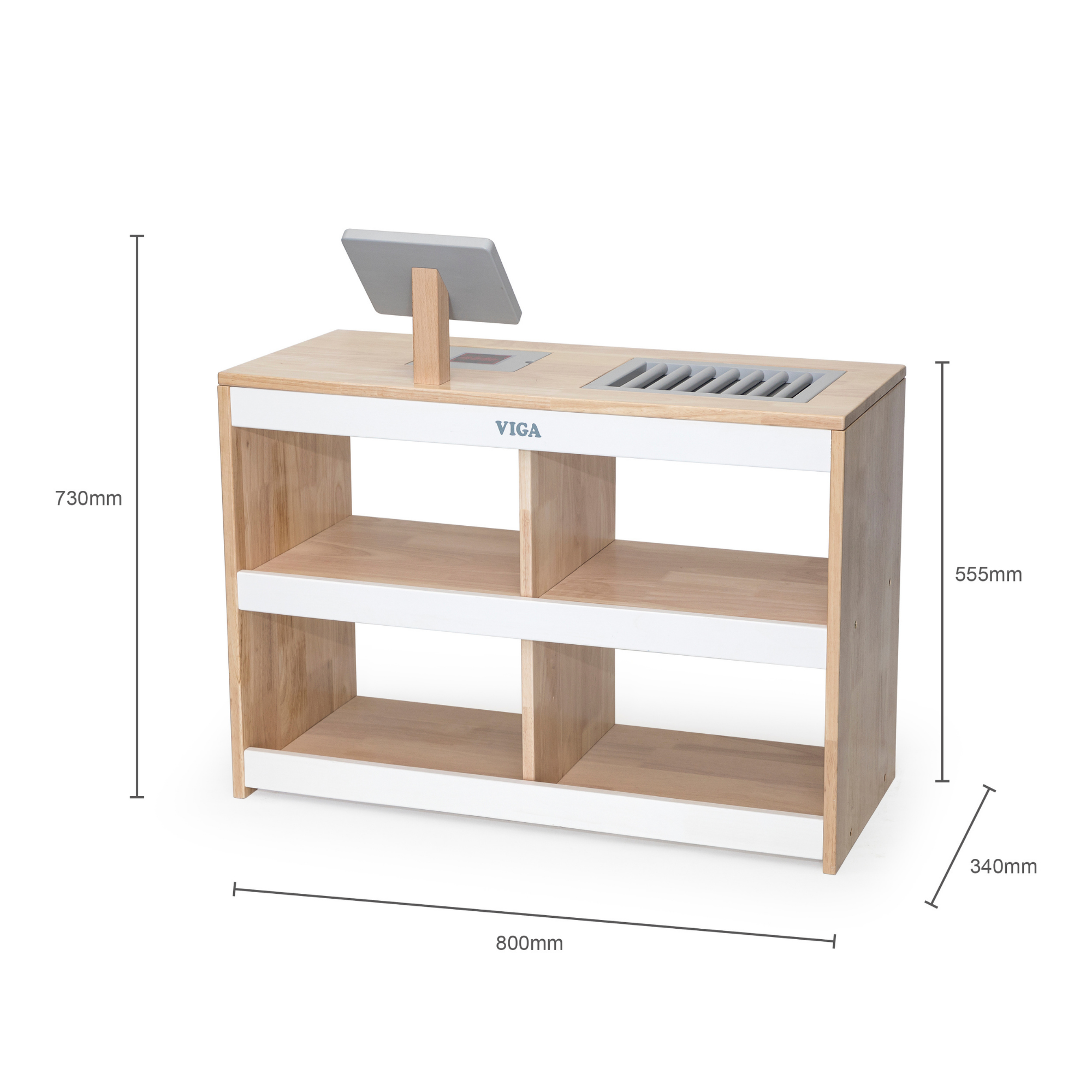 VIGA Wooden Supermarket Stall  Food Display Stand with Cash Register and Scanner  Pretend Play Market Role Play Toy  Ages 3 and Up
