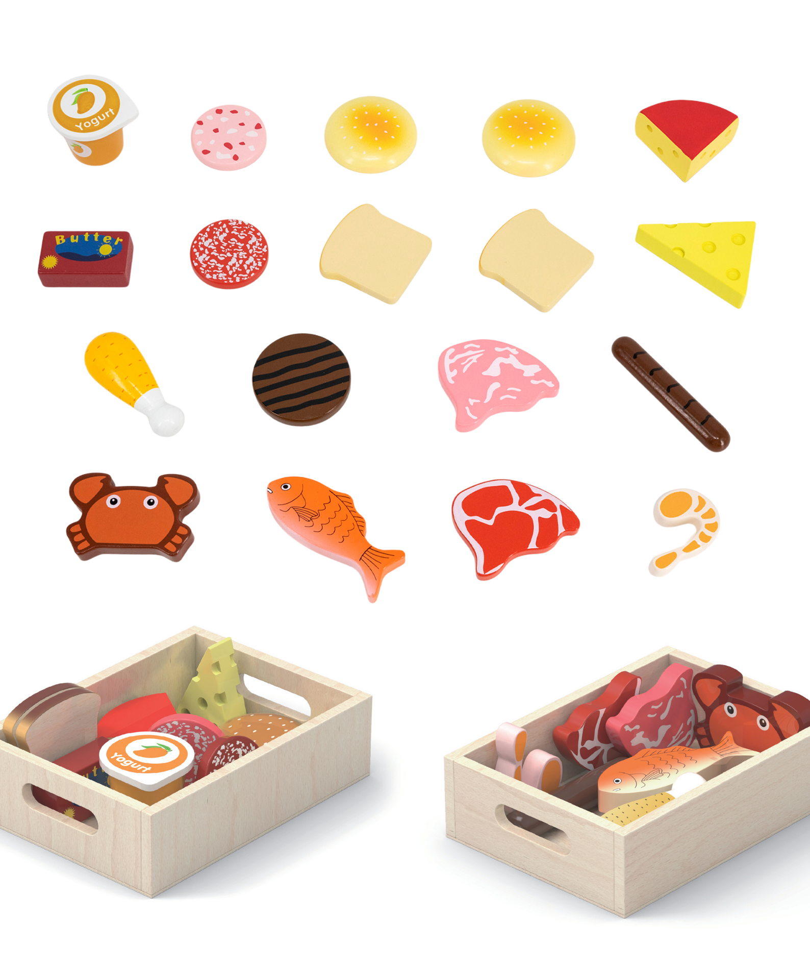 VIGA Wooden Fridge Food Set  2 Box Pretend Play Breakfast, Meat, and Seafood  Kitchen and Shop Role Play Toy for Ages 3 and Up