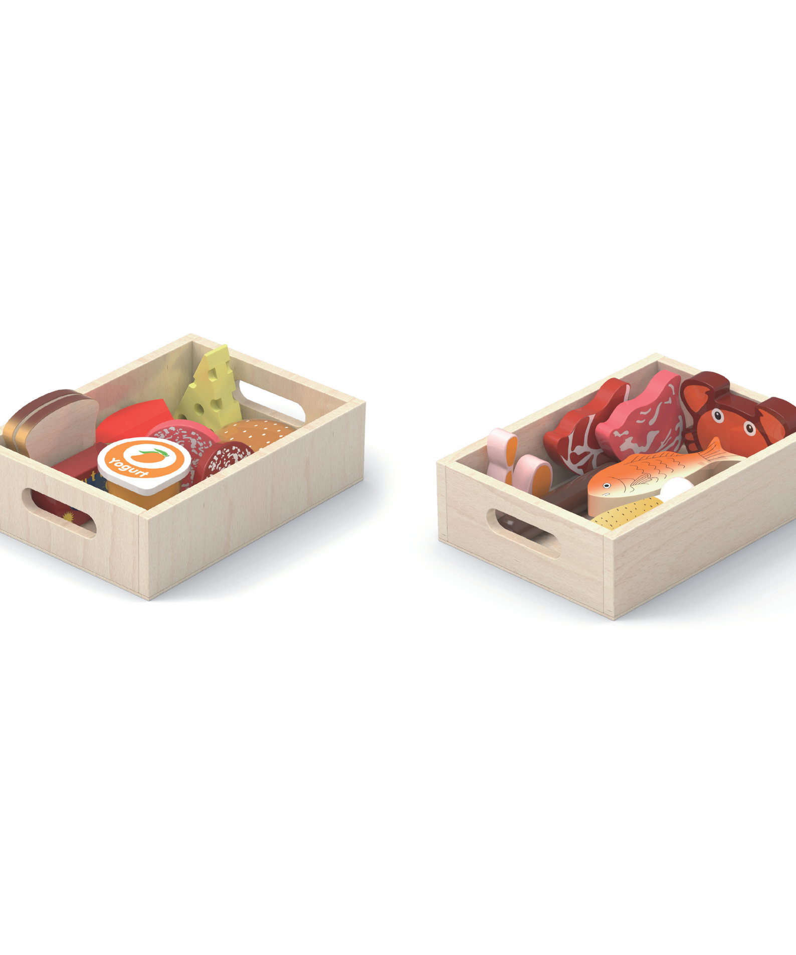 VIGA Wooden Fridge Food Set  2 Box Pretend Play Breakfast, Meat, and Seafood  Kitchen and Shop Role Play Toy for Ages 3 and Up