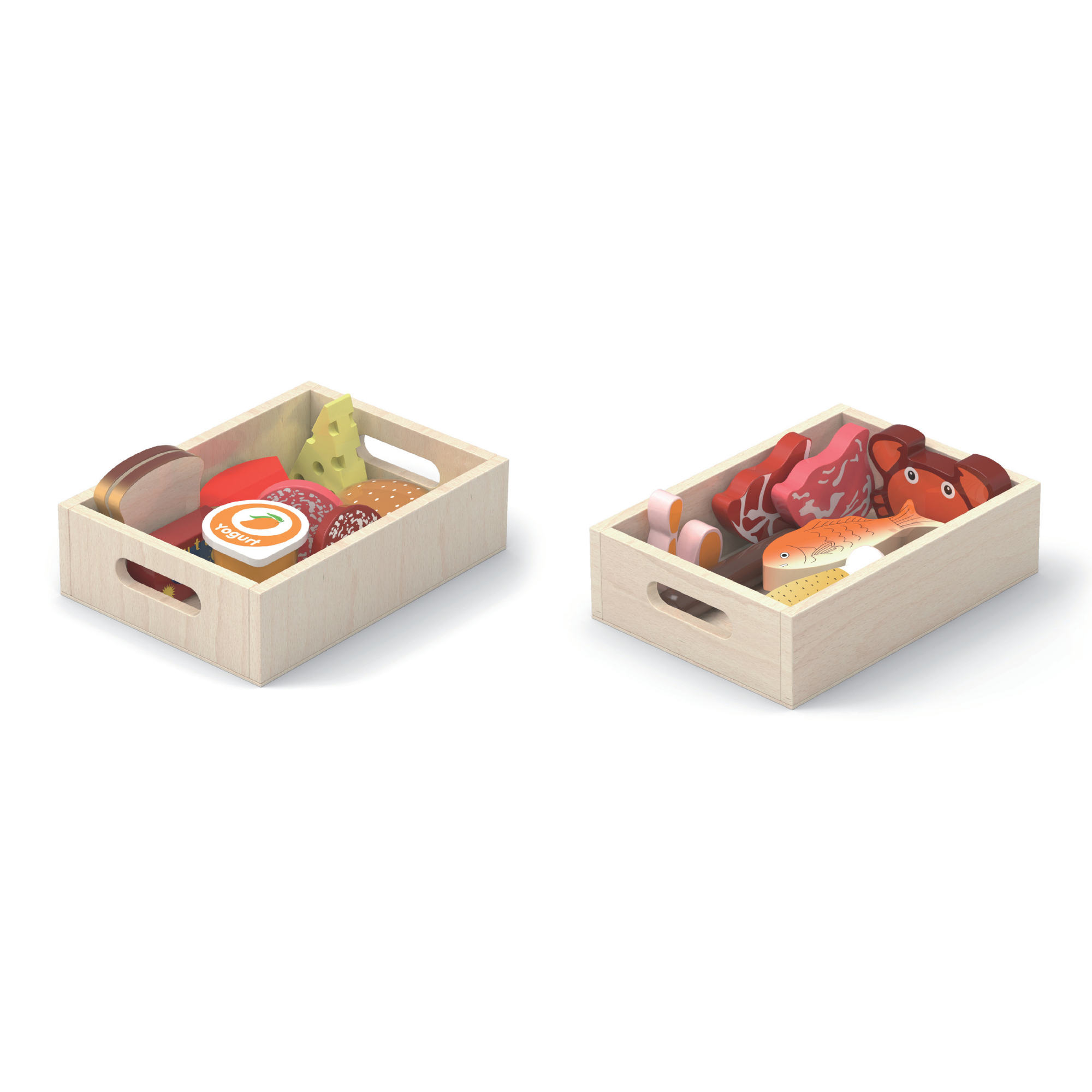 VIGA Wooden Fridge Food Set  2 Box Pretend Play Breakfast, Meat, and Seafood  Kitchen and Shop Role Play Toy for Ages 3 and Up