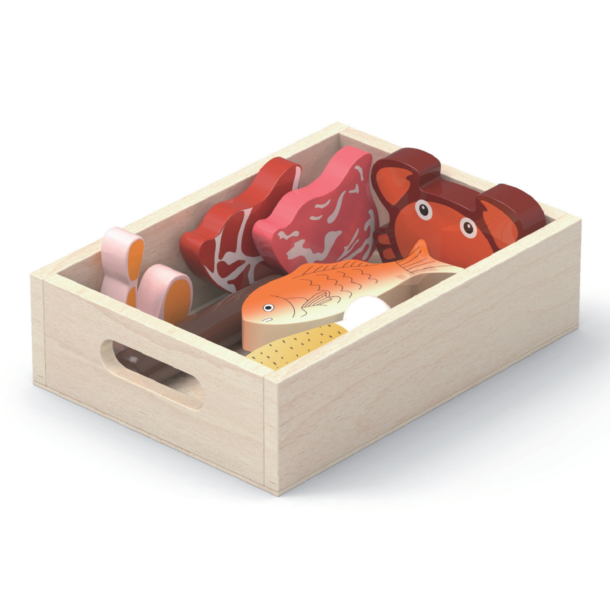 VIGA Wooden Fridge Food Set  2 Box Pretend Play Breakfast, Meat, and Seafood  Kitchen and Shop Role Play Toy for Ages 3 and Up
