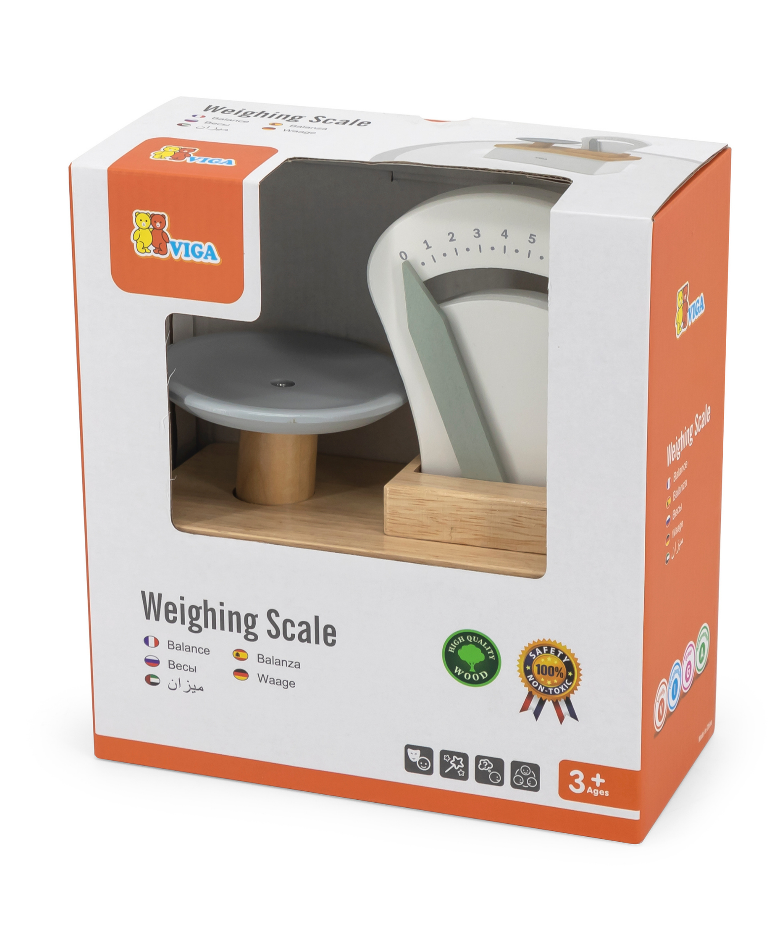 VIGA Wooden Shop Weighing Scale Toy  Gray and White Retail Balance Scale for Kids  Educational Roleplay Toy for Ages 3 and Up