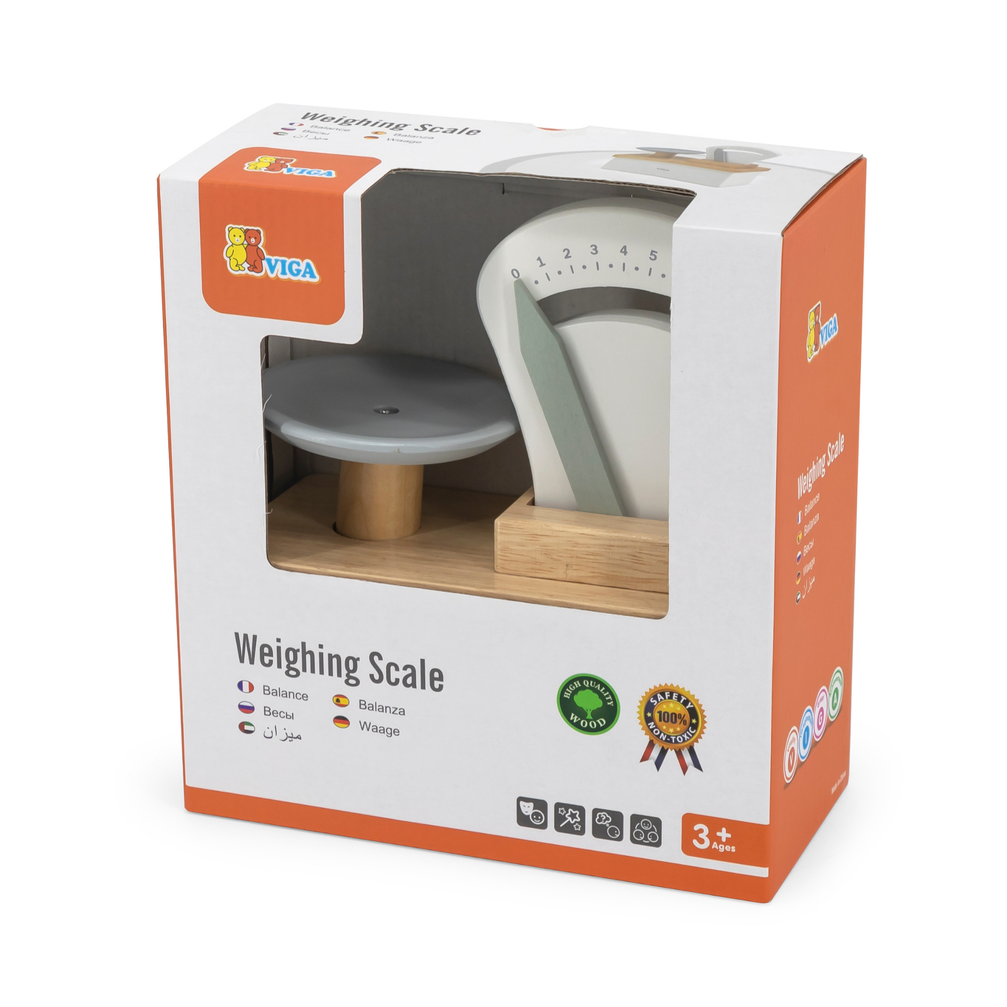 VIGA Wooden Shop Weighing Scale Toy  Gray and White Retail Balance Scale for Kids  Educational Roleplay Toy for Ages 3 and Up