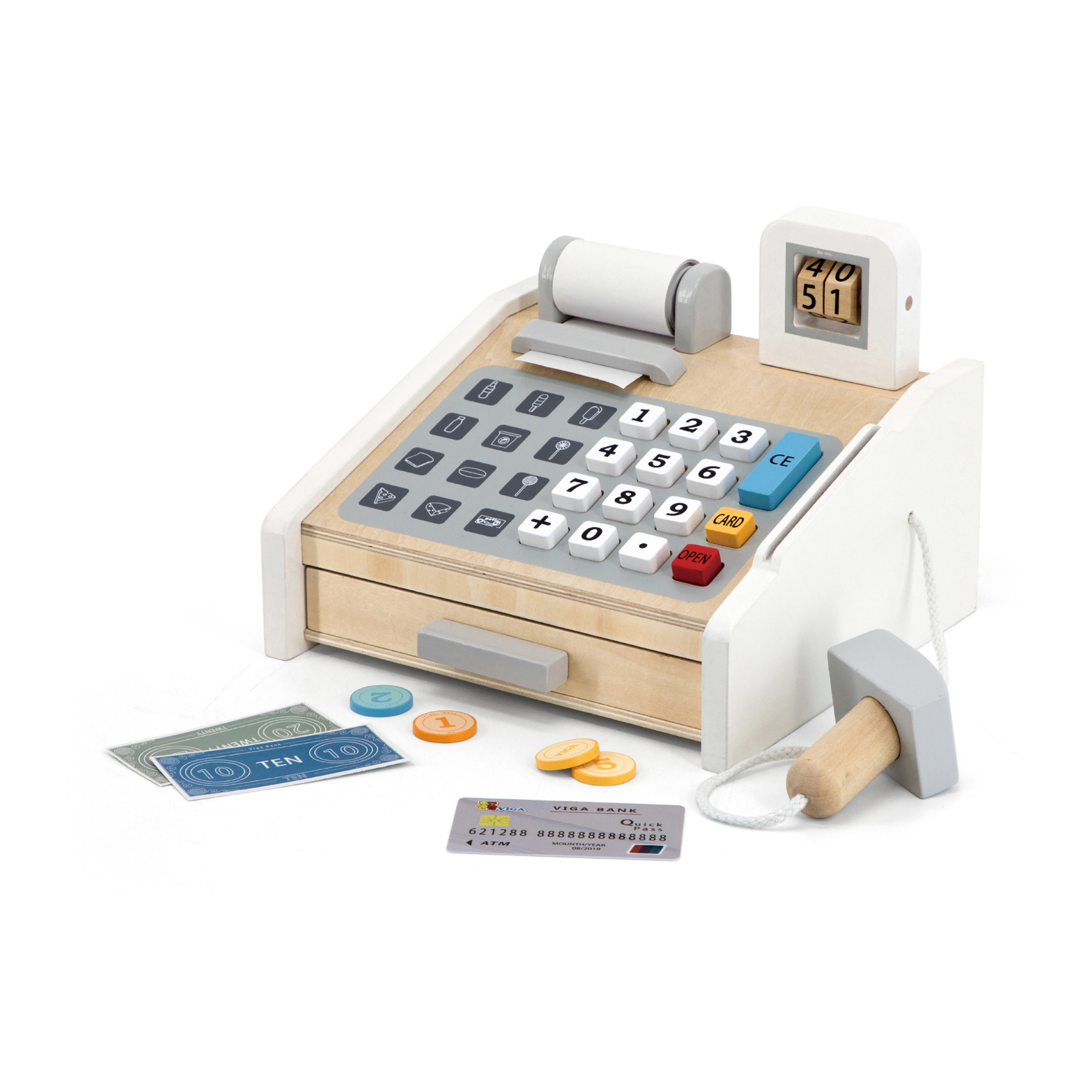 VIGA Wooden Cash Register for Kids  Gray and White Pretend Play Checkout Set with Scanner, Money, and Card Reader  Educational Roleplay Toy for Ages 3 and Up