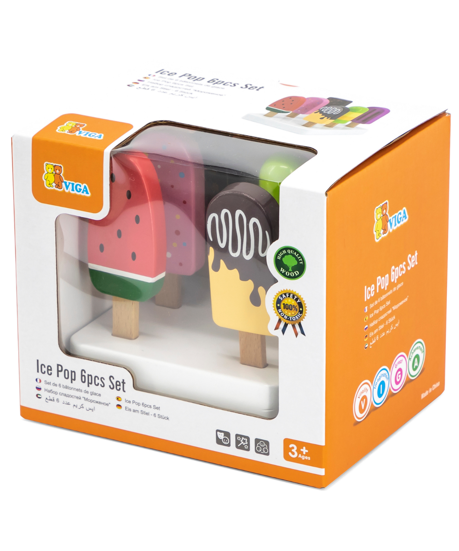 VIGA Wooden Ice Cream Play Set with Stand  6 Colorful Ice Pops for Pretend Play  Roleplay Toy for Kids Ages 3 and Up