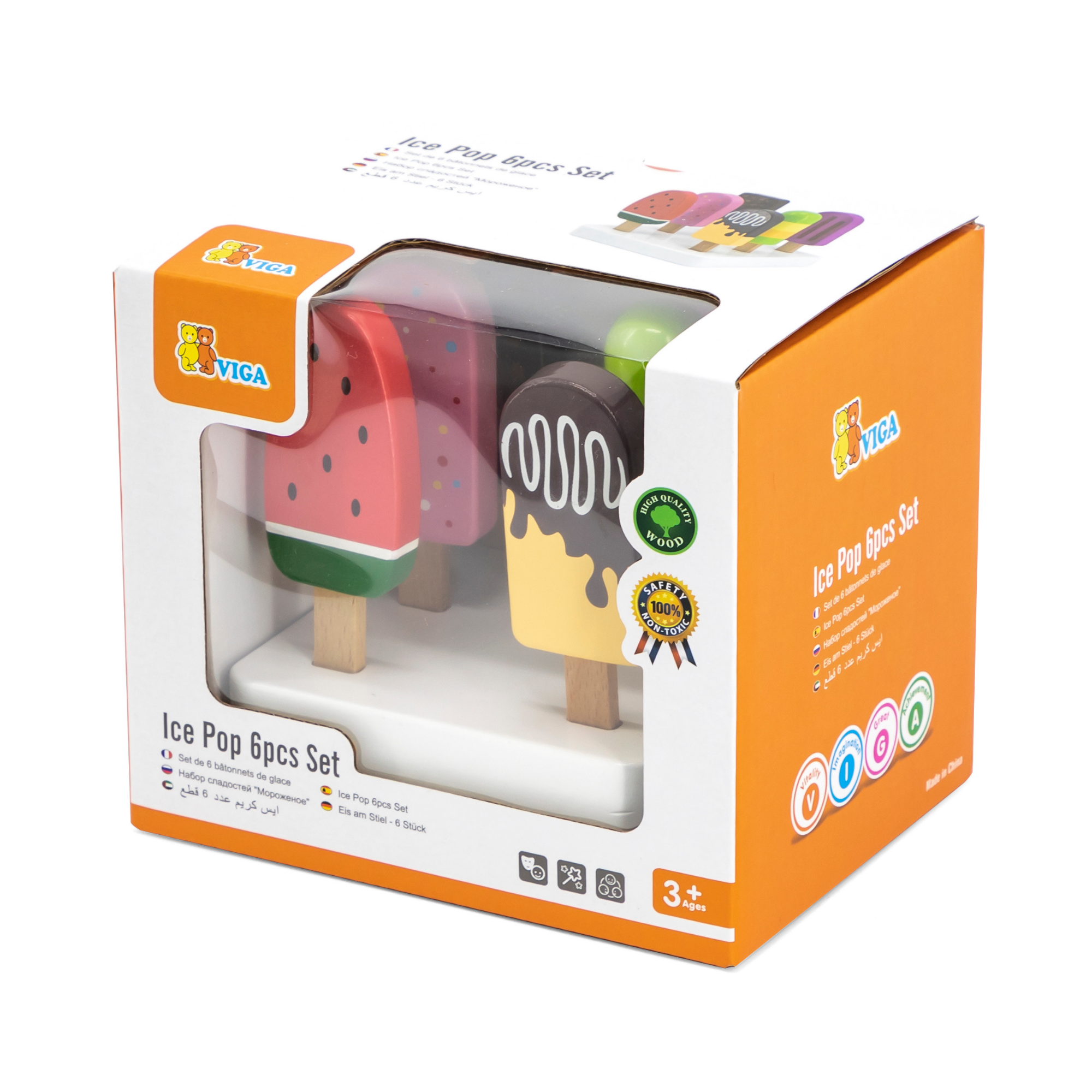 VIGA Wooden Ice Cream Play Set with Stand  6 Colorful Ice Pops for Pretend Play  Roleplay Toy for Kids Ages 3 and Up