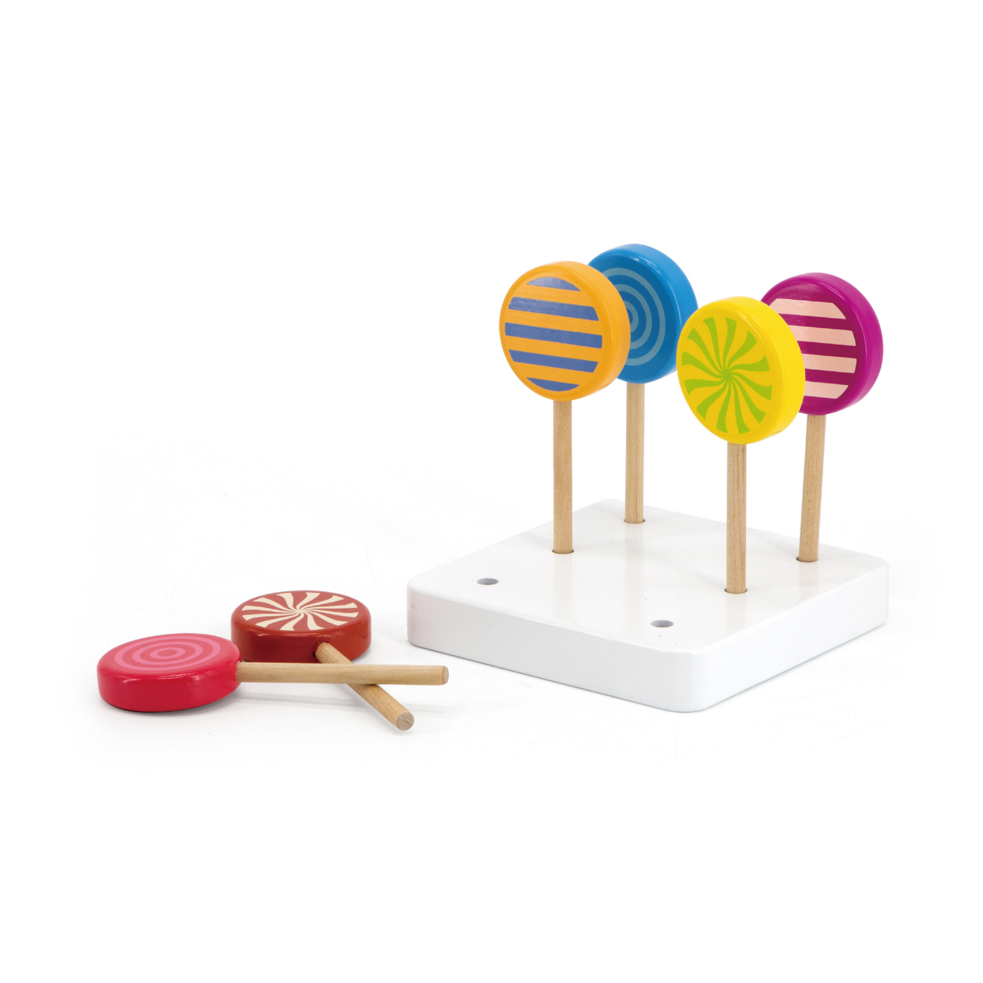 VIGA Wooden Lollipop Roleplay Toy Set with Stand  6 Piece Pretend Play Candy Set for Kids  Educational and Imaginative Play  Ages 3 and Up