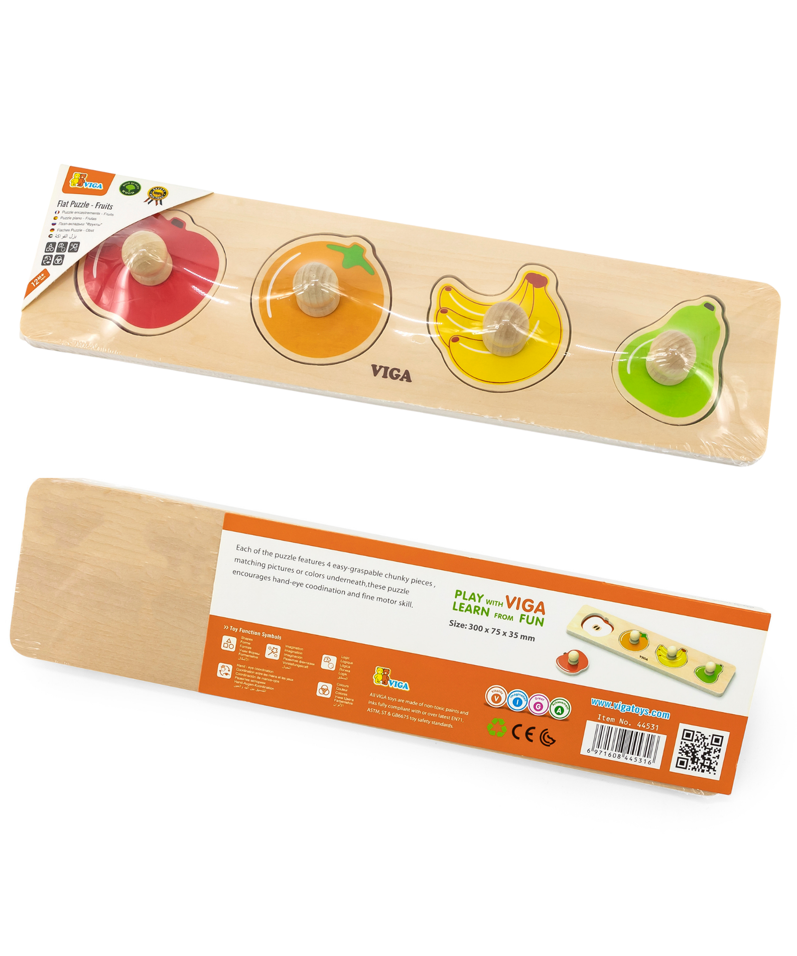 Viga Fruits, 4 Piece Knob Puzzle, Montessori Wooden Toy, Develops Sensory, Cognitive & Fine Motor Skills, Non-Toxic & Eco-friendly Kids Educational Toy, Suitable for Boys and Girls Aged 12M+