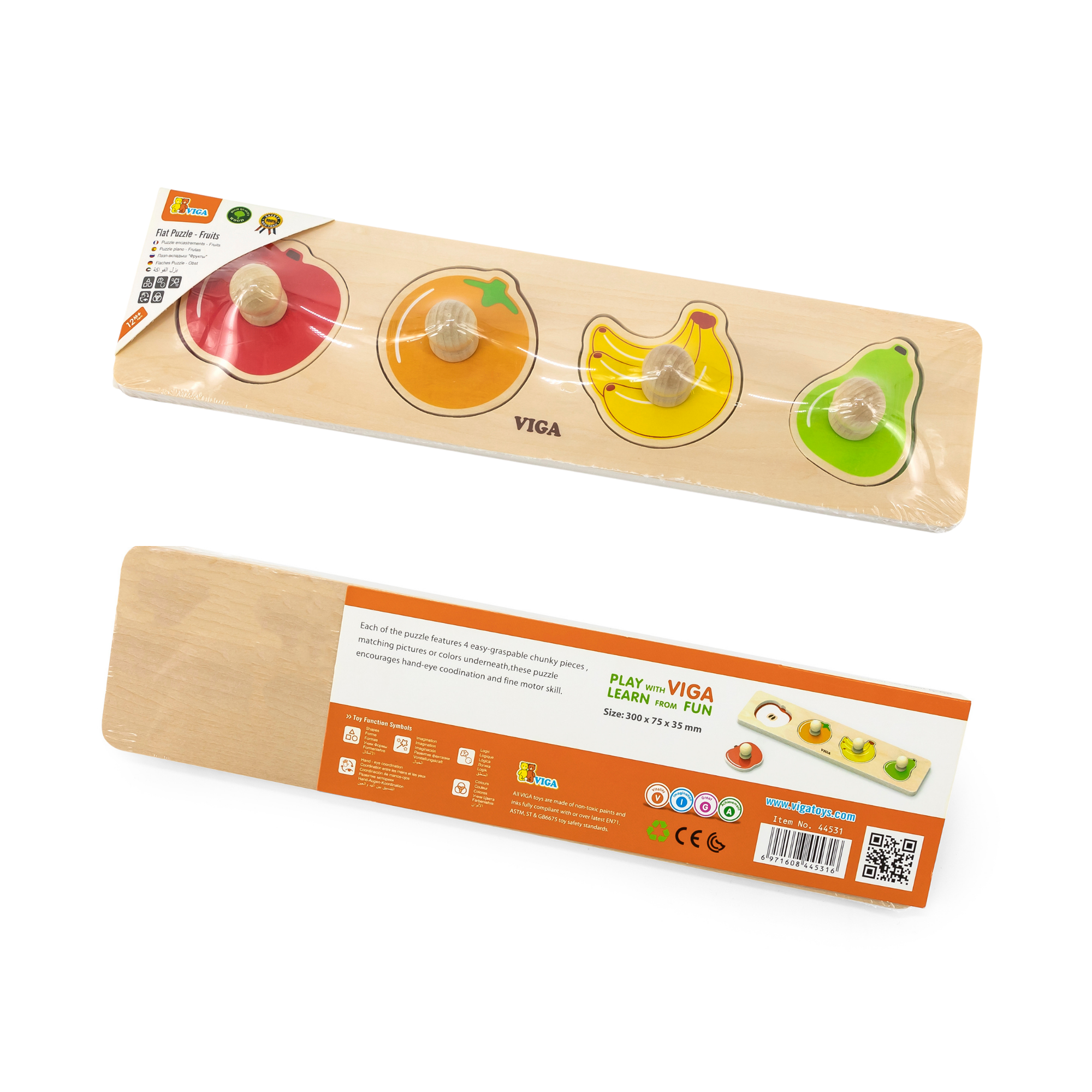 Viga Fruits, 4 Piece Knob Puzzle, Montessori Wooden Toy, Develops Sensory, Cognitive & Fine Motor Skills, Non-Toxic & Eco-friendly Kids Educational Toy, Suitable for Boys and Girls Aged 12M+