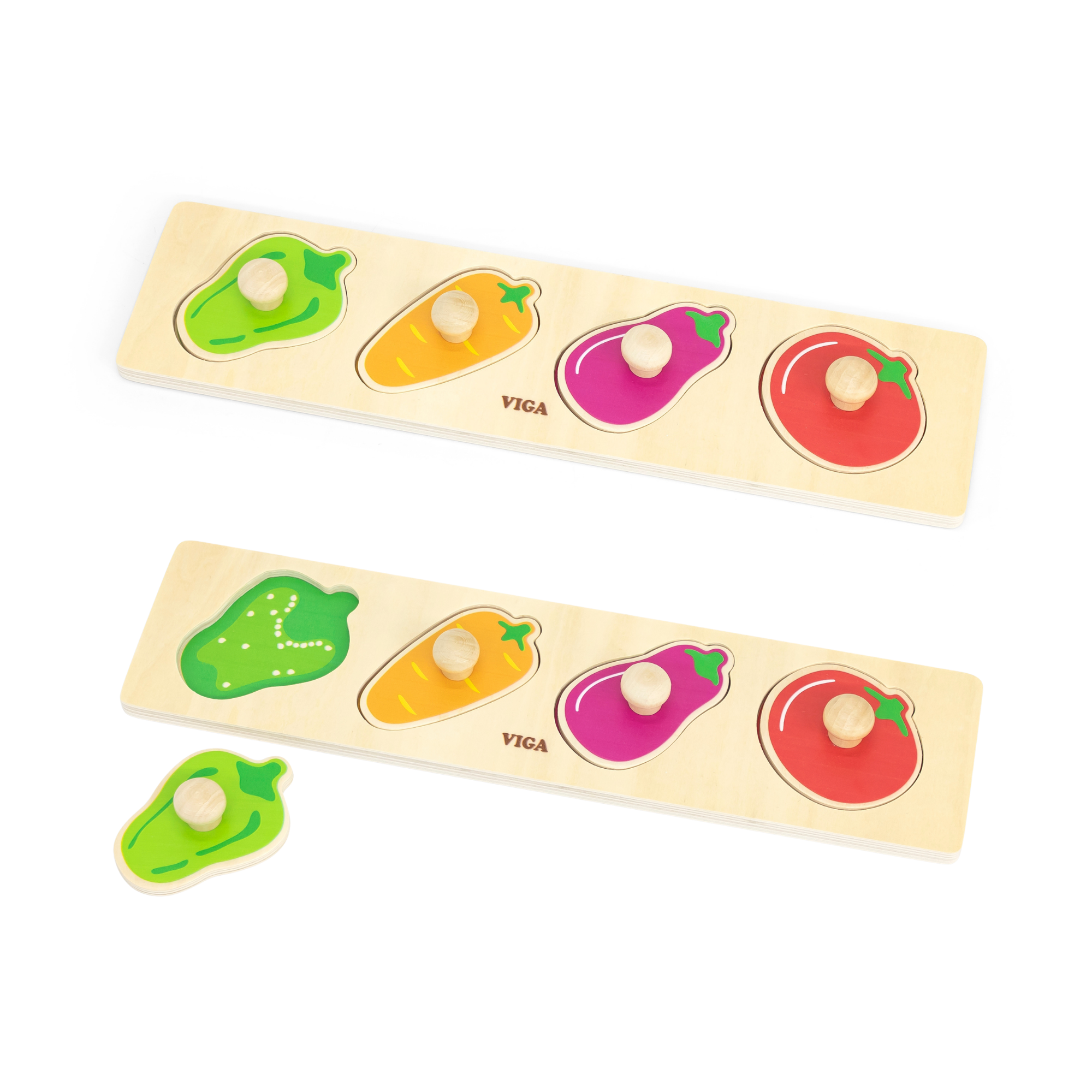 Viga Vegetables, 4 Piece Knob Puzzle, Montessori Wooden Toy, Develops Sensory, Cognitive & Fine Motor Skills, Non-Toxic & Eco-friendly Kids Educational Toy, Suitable for Boys and Girls Aged 12M+