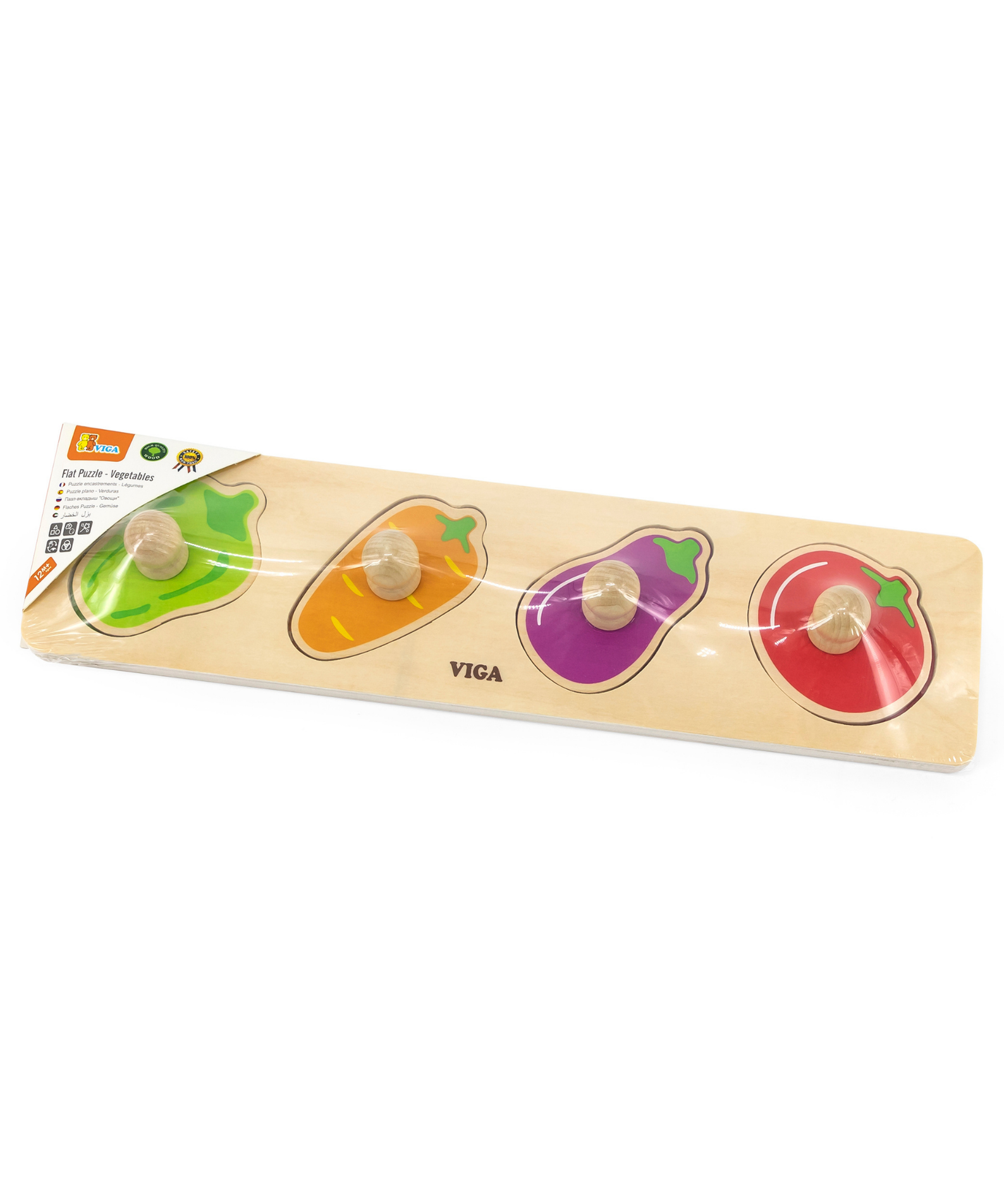 Viga Vegetables, 4 Piece Knob Puzzle, Montessori Wooden Toy, Develops Sensory, Cognitive & Fine Motor Skills, Non-Toxic & Eco-friendly Kids Educational Toy, Suitable for Boys and Girls Aged 12M+
