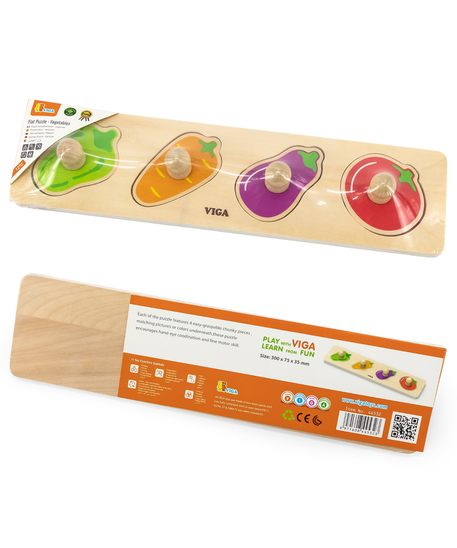 Viga Vegetables, 4 Piece Knob Puzzle, Montessori Wooden Toy, Develops Sensory, Cognitive & Fine Motor Skills, Non-Toxic & Eco-friendly Kids Educational Toy, Suitable for Boys and Girls Aged 12M+