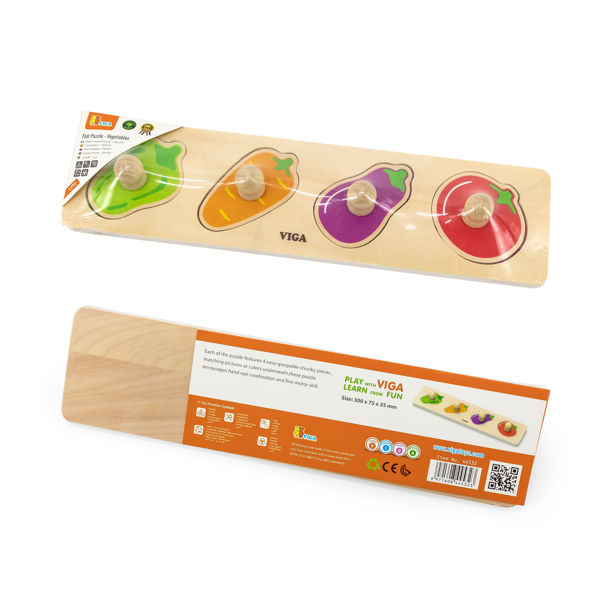 Viga Vegetables, 4 Piece Knob Puzzle, Montessori Wooden Toy, Develops Sensory, Cognitive & Fine Motor Skills, Non-Toxic & Eco-friendly Kids Educational Toy, Suitable for Boys and Girls Aged 12M+
