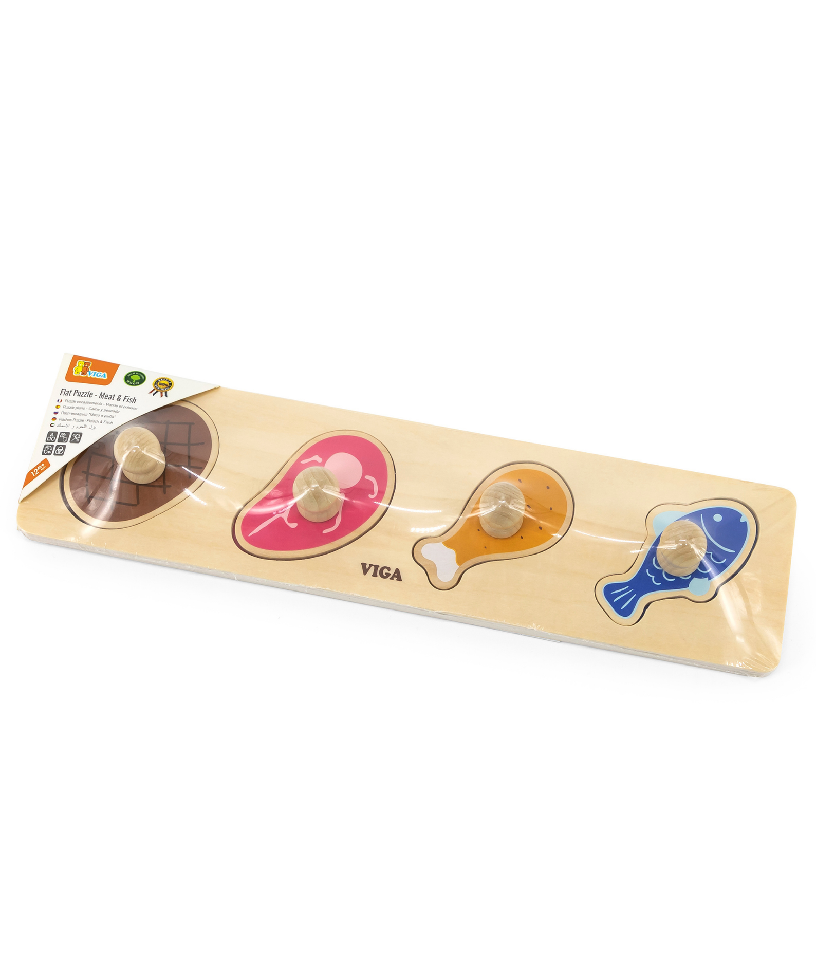 Viga Meat & Fish, 4 Piece Knob Puzzle, Montessori Wooden Toy, Develops Sensory, Cognitive & Fine Motor Skills, Non-Toxic & Eco-friendly Kids Educational Toy, Suitable for Boys and Girls Aged 12M+